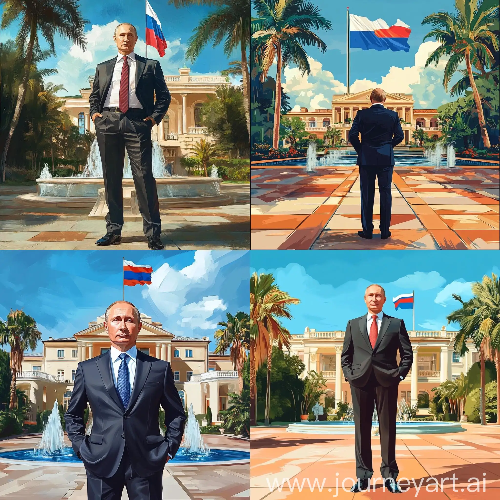 Vladimir-Putin-Standing-in-Business-Attire-with-Russian-Federation-Flag-and-Fountain