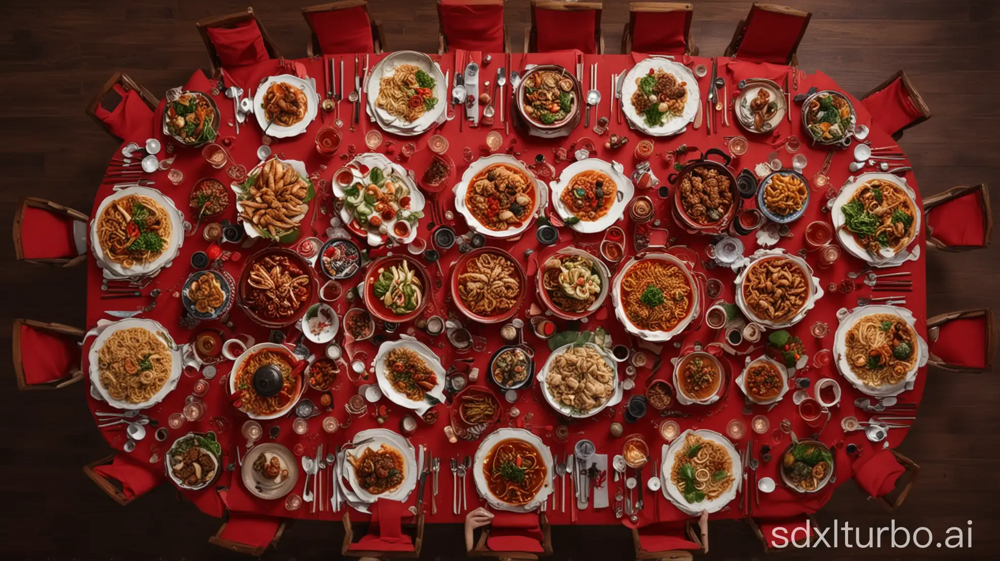 Aerial view, big round table, New Year's Eve dinner, red color, Chinese food, various dishes, New Year's celebration