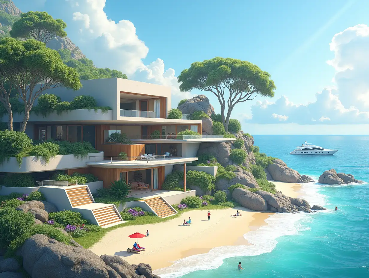 Create a high-resolution, realistic panorama image of a futuristic terrace building with steps to the sea window snail house with many plants and gray and brown facades a beach with people a playground a yacht on the sea waves, large trees, blue sky