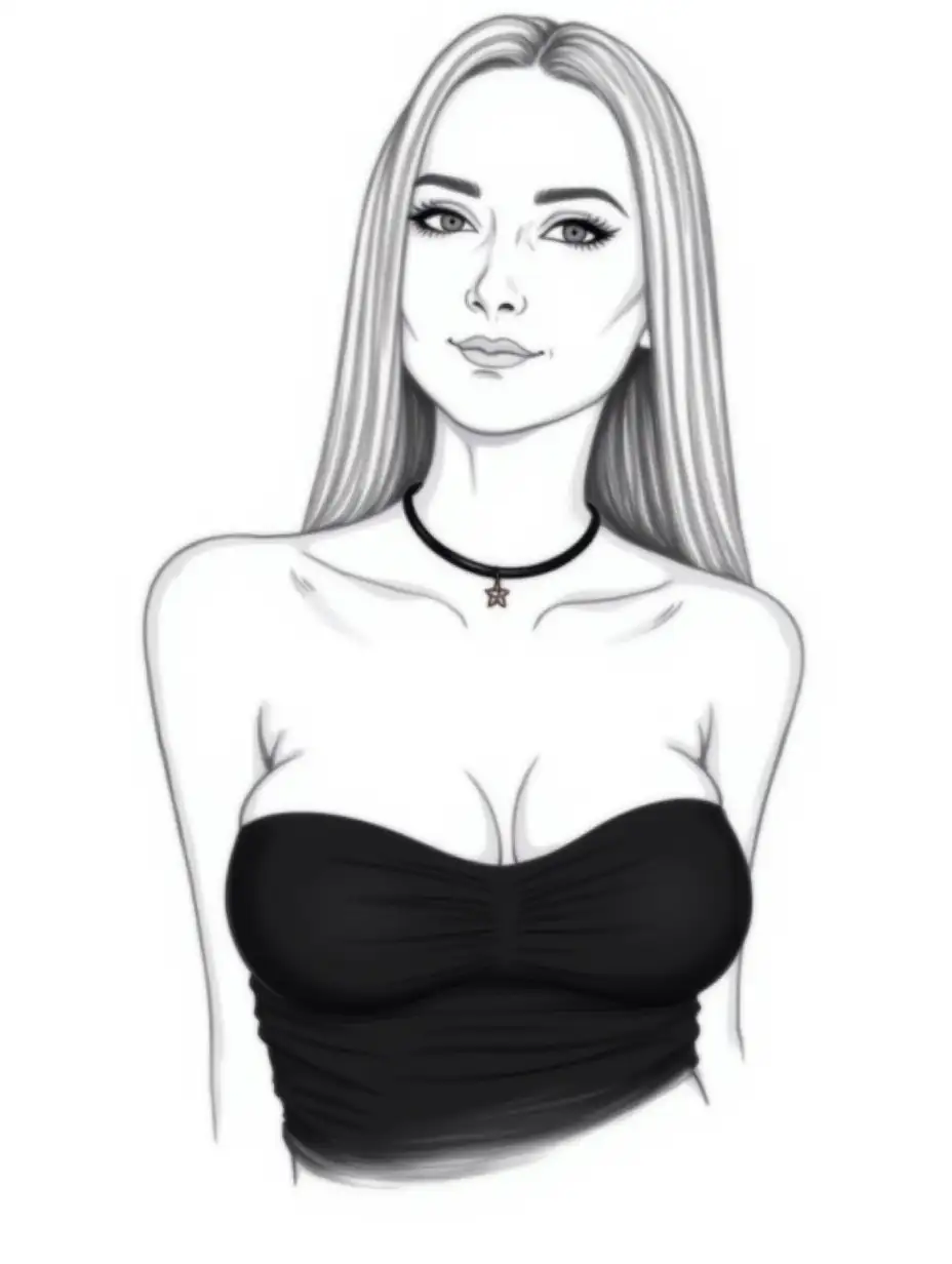 digital black-and-white line drawing of a woman's upper torso, emphasizing her bare shoulders and cleavage. She wears a black strapless top that accentuates her ample breasts. Her long, straight hair cascades down her back. A thin black choker with a small pendant rests around her neck. The background is plain white, putting full focus on the subject. The style is minimalist and clean, with bold lines and no shading.