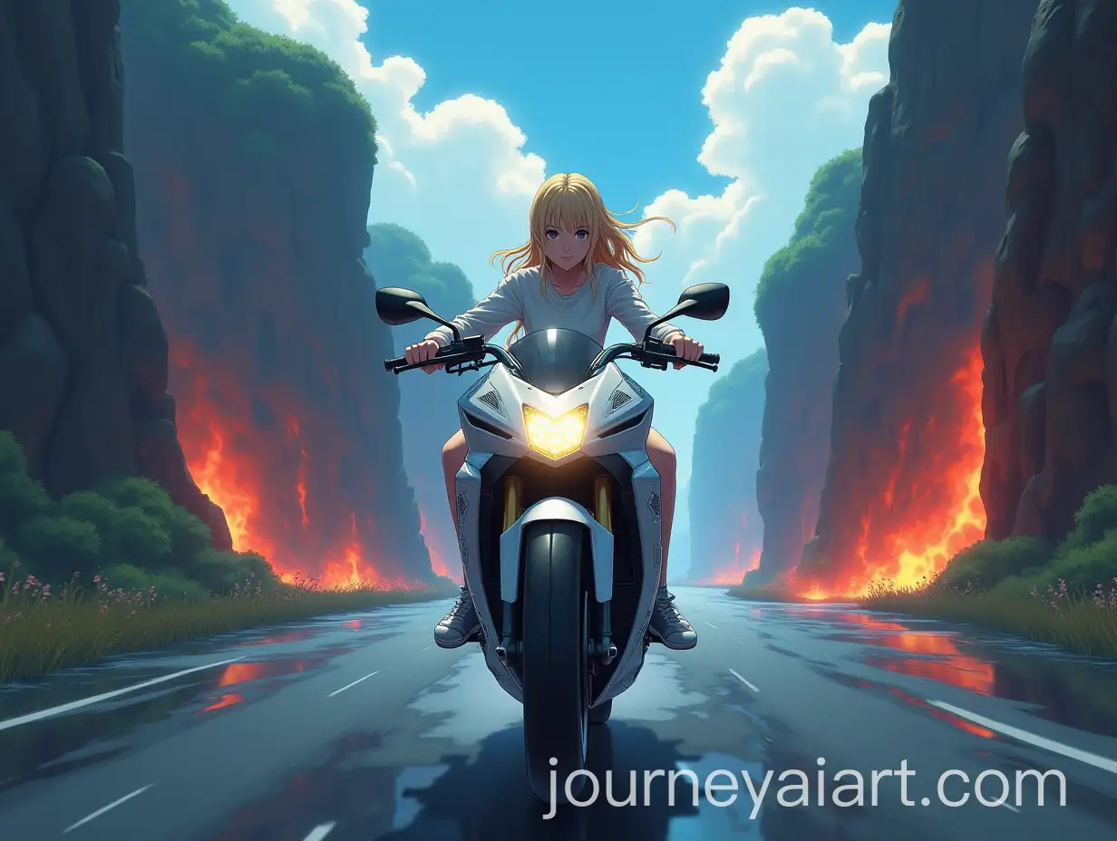Blonde-Girl-Riding-White-Motorcycle-Through-Mystical-Landscape-Between-Two-Angry-Lakes