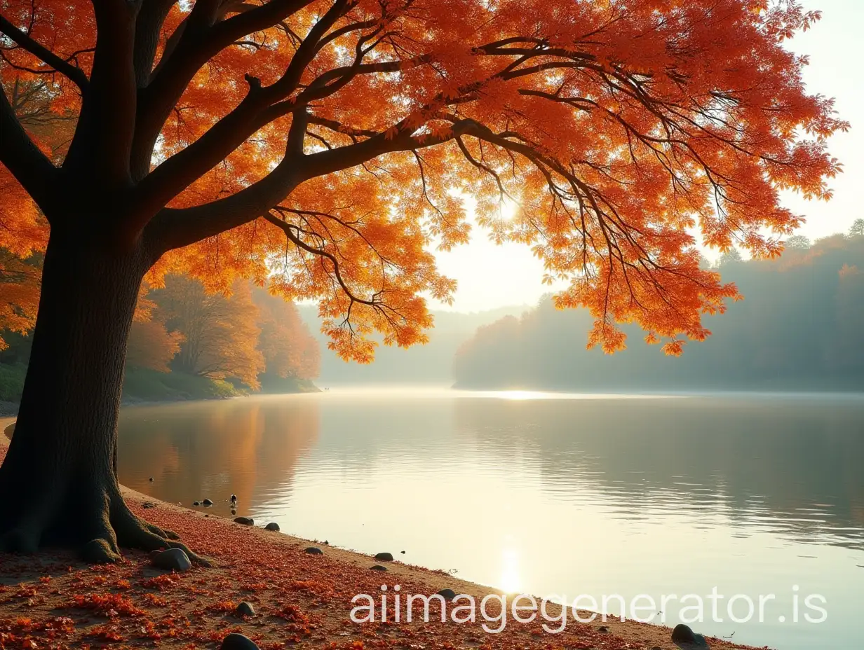 Tranquil-Autumn-Lakeside-with-Majestic-Tree-and-Reflective-Waters