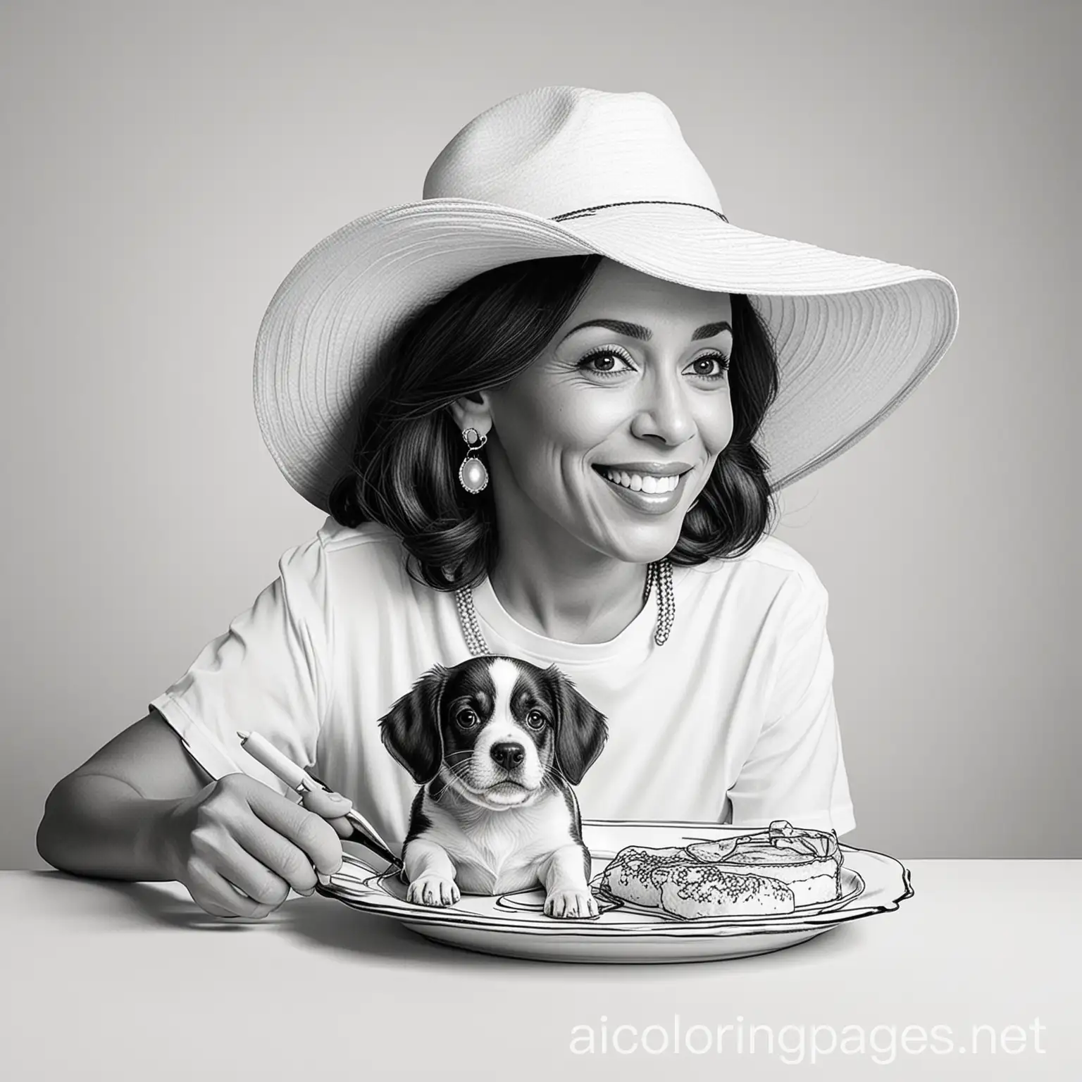 Kamala-Harris-Enjoying-Dinner-with-a-Dog-in-a-Black-and-White-Coloring-Page