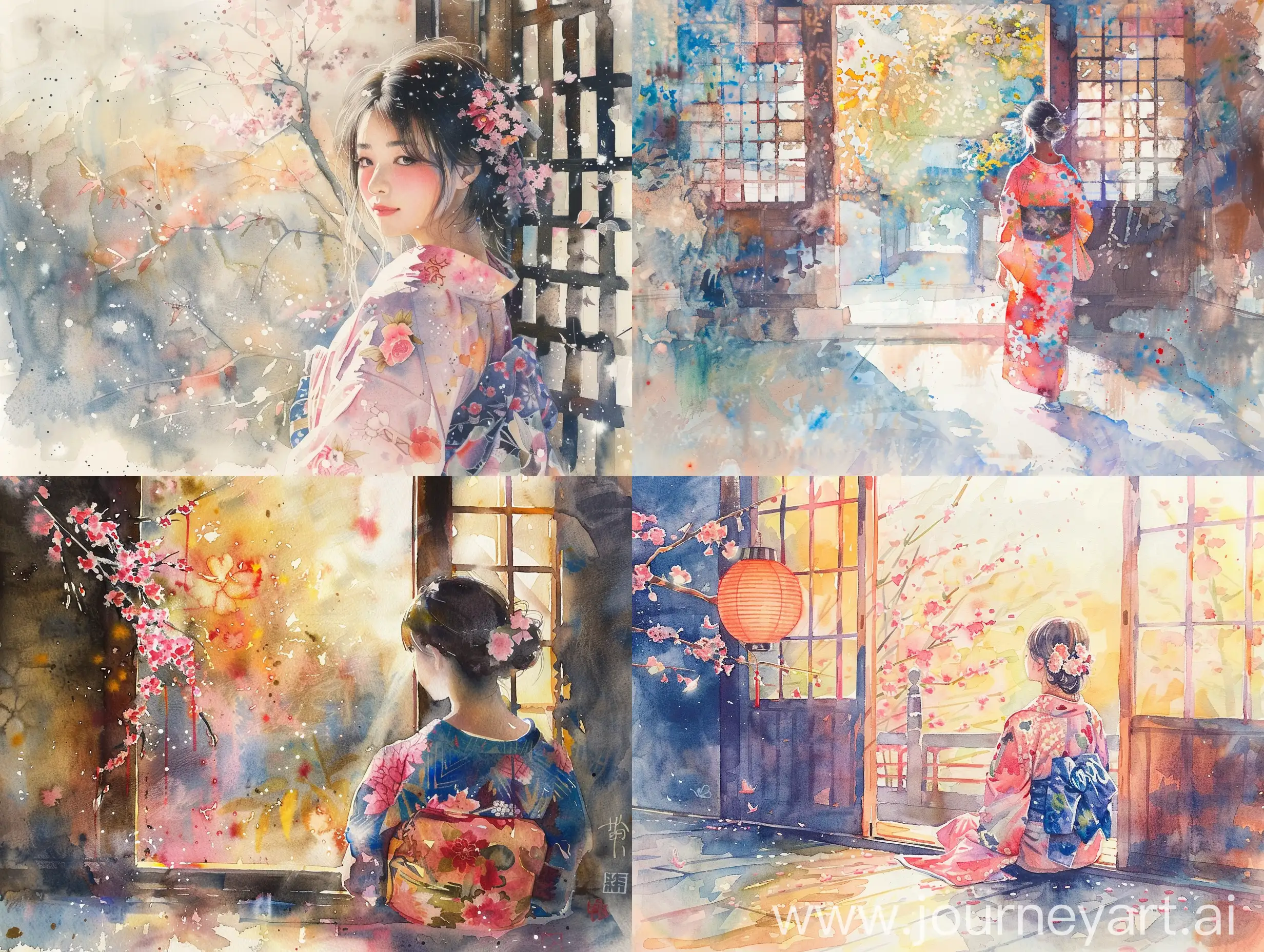 Dreamy-Watercolor-Painting-of-Japanese-Girl-in-Kimono