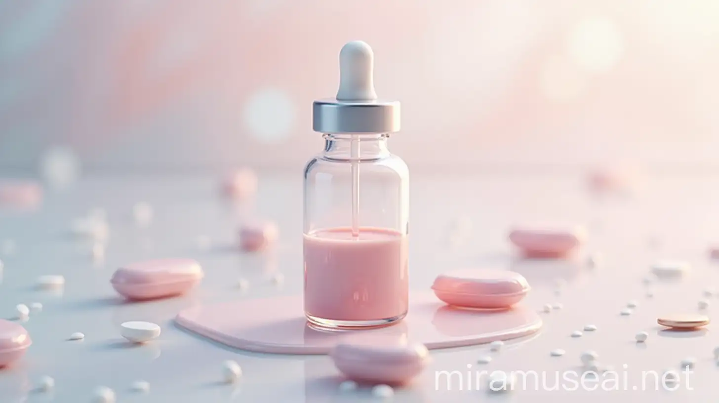 Photorealistic Glass Vial of Pharmaceutical Emulsion with Soft Pastel Background