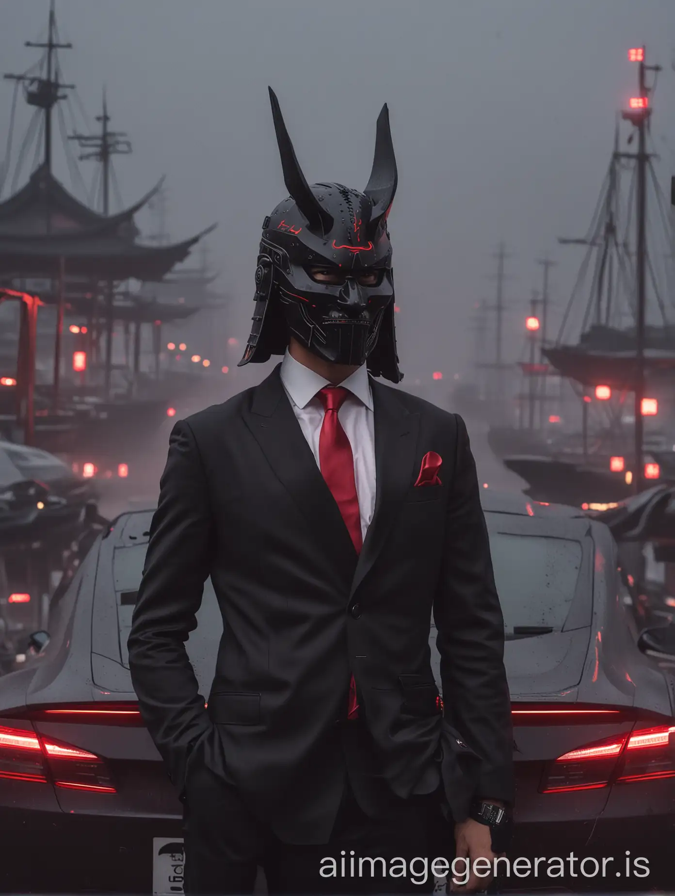 Samurai-in-Matte-Black-Helmet-and-Red-Tie-in-Front-of-Tesla-at-Foggy-Neon-Port