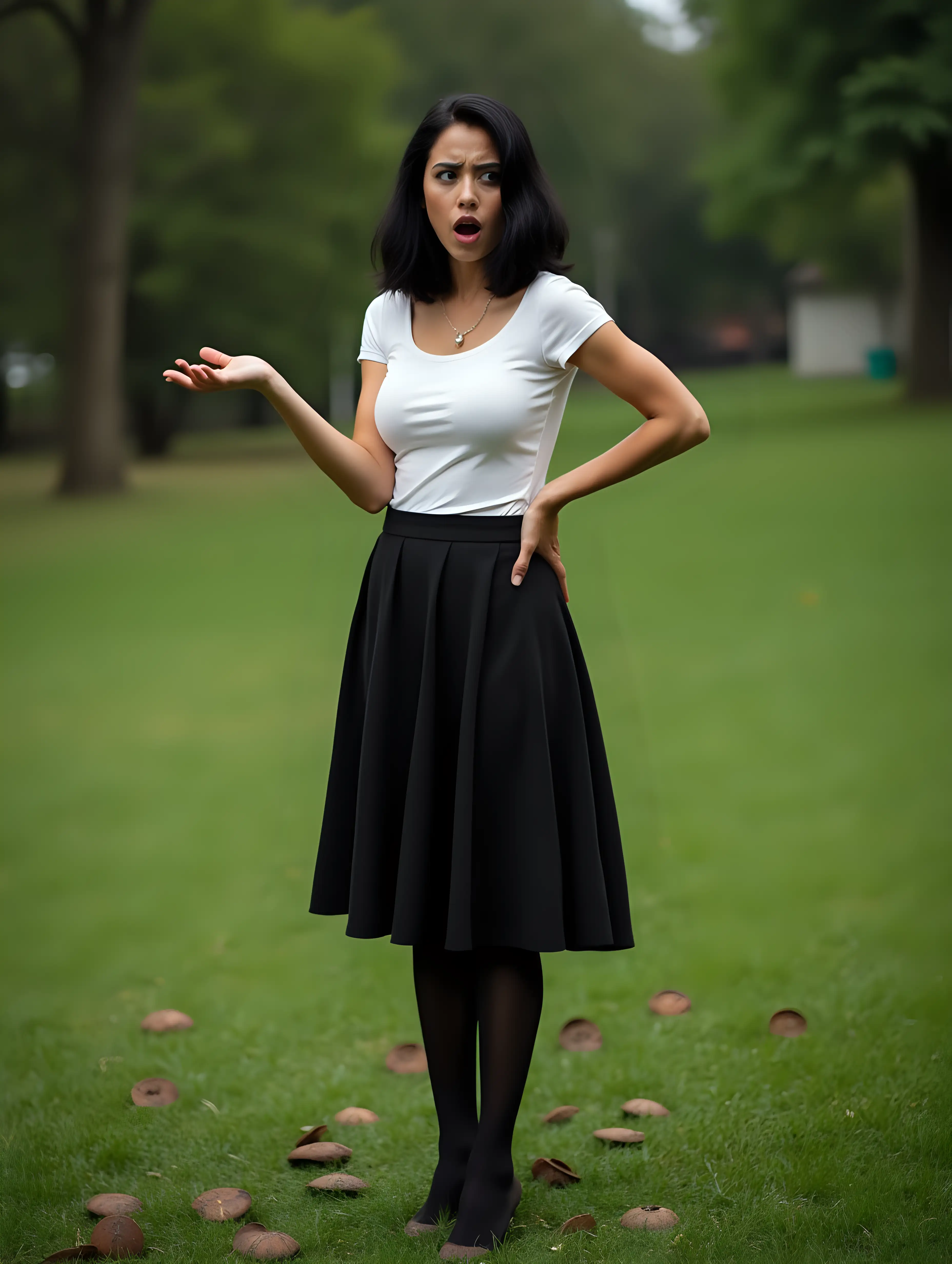 Shocked-Latina-Woman-Standing-on-Lawn-with-Rusted-Metal-Mines