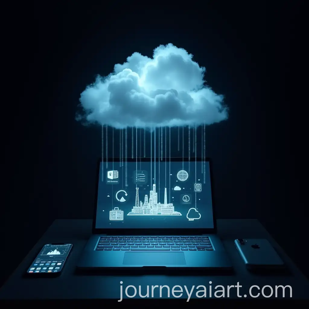 Laptop-and-iPhone-Connected-to-Cloud-with-Projected-Holographic-Data-Visualizations