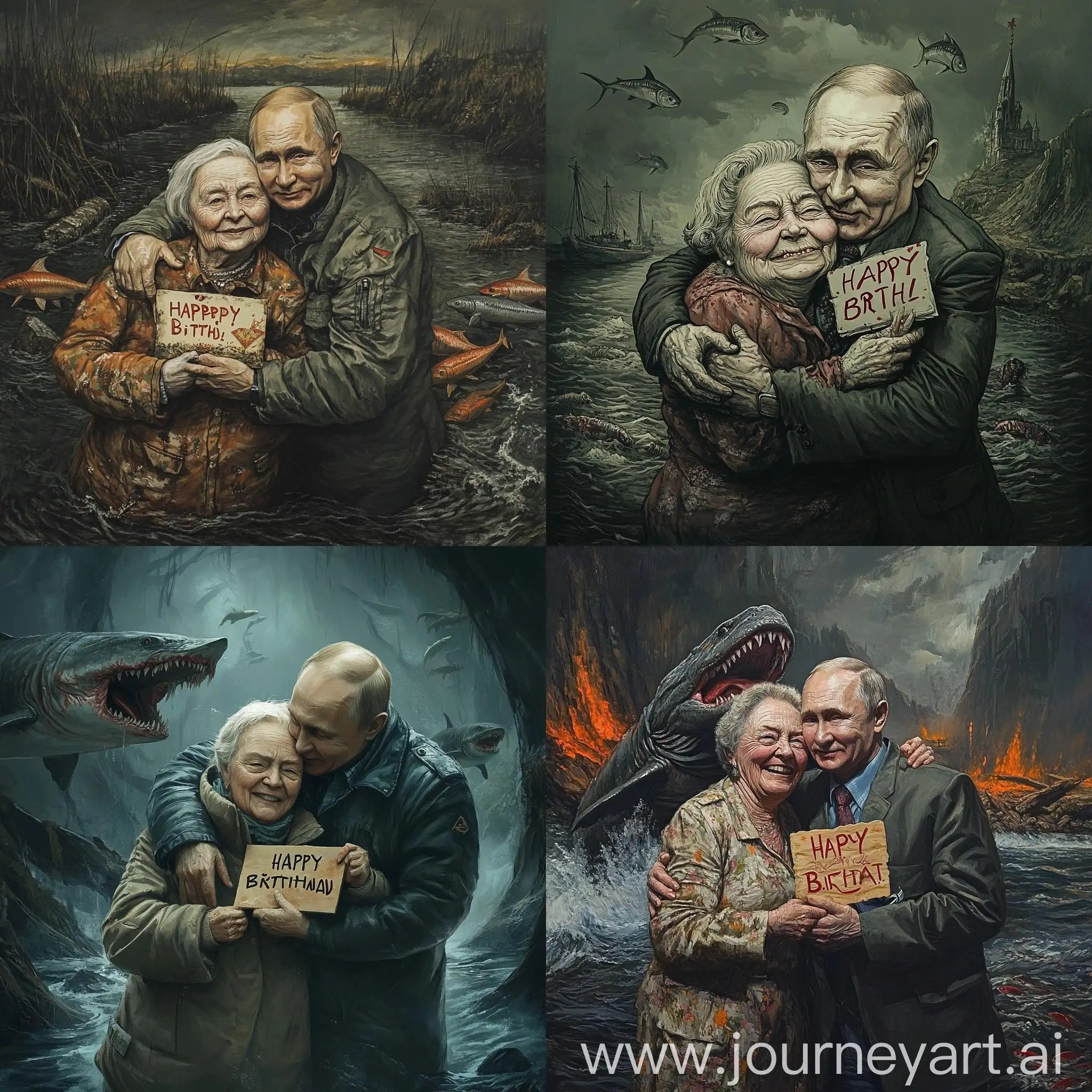 Elderly-Woman-and-Vladimir-Putin-Celebrating-Birthday-by-Dark-River