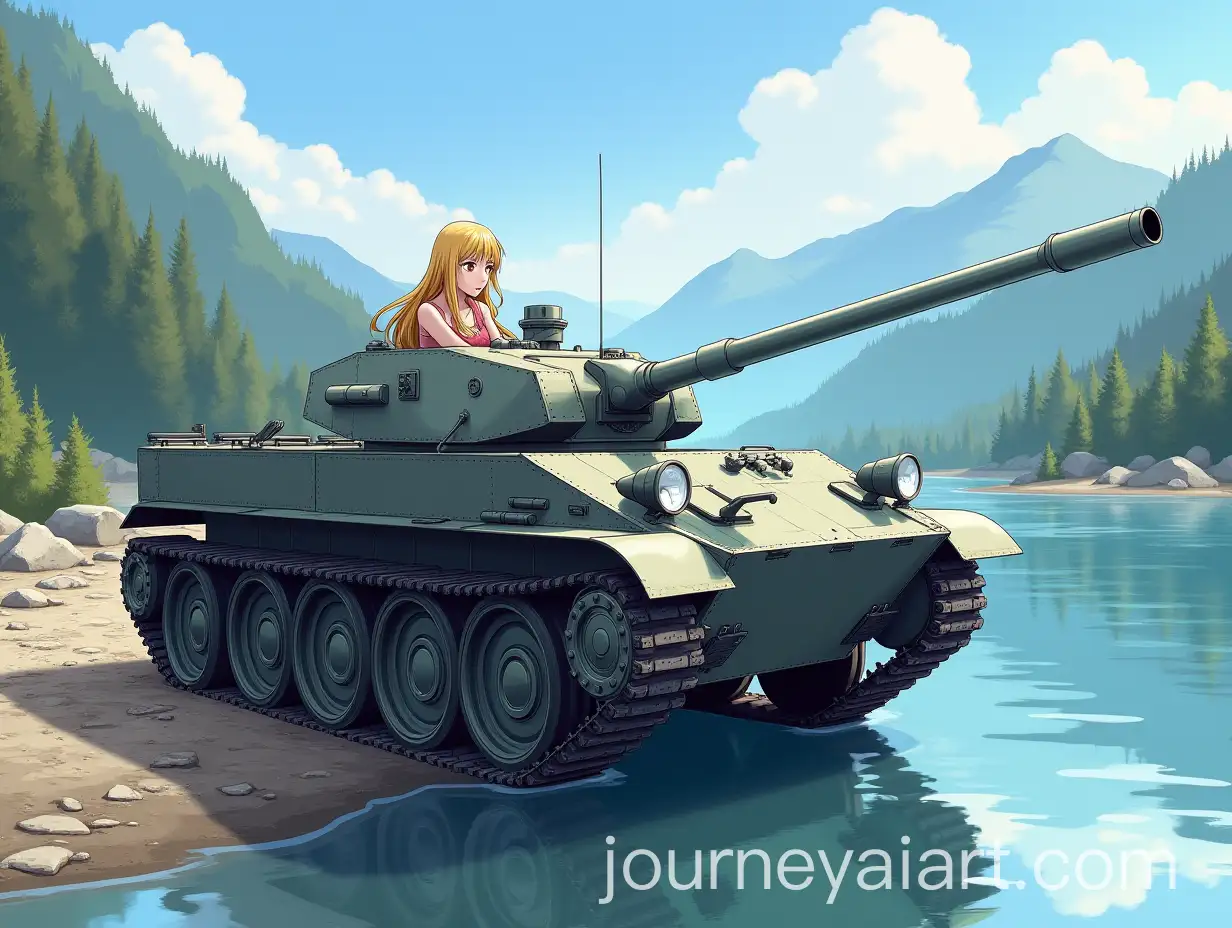 Asian-Girl-and-Blonde-Woman-Driving-a-Gray-Tank-300-by-a-Scenic-River-and-Mountains