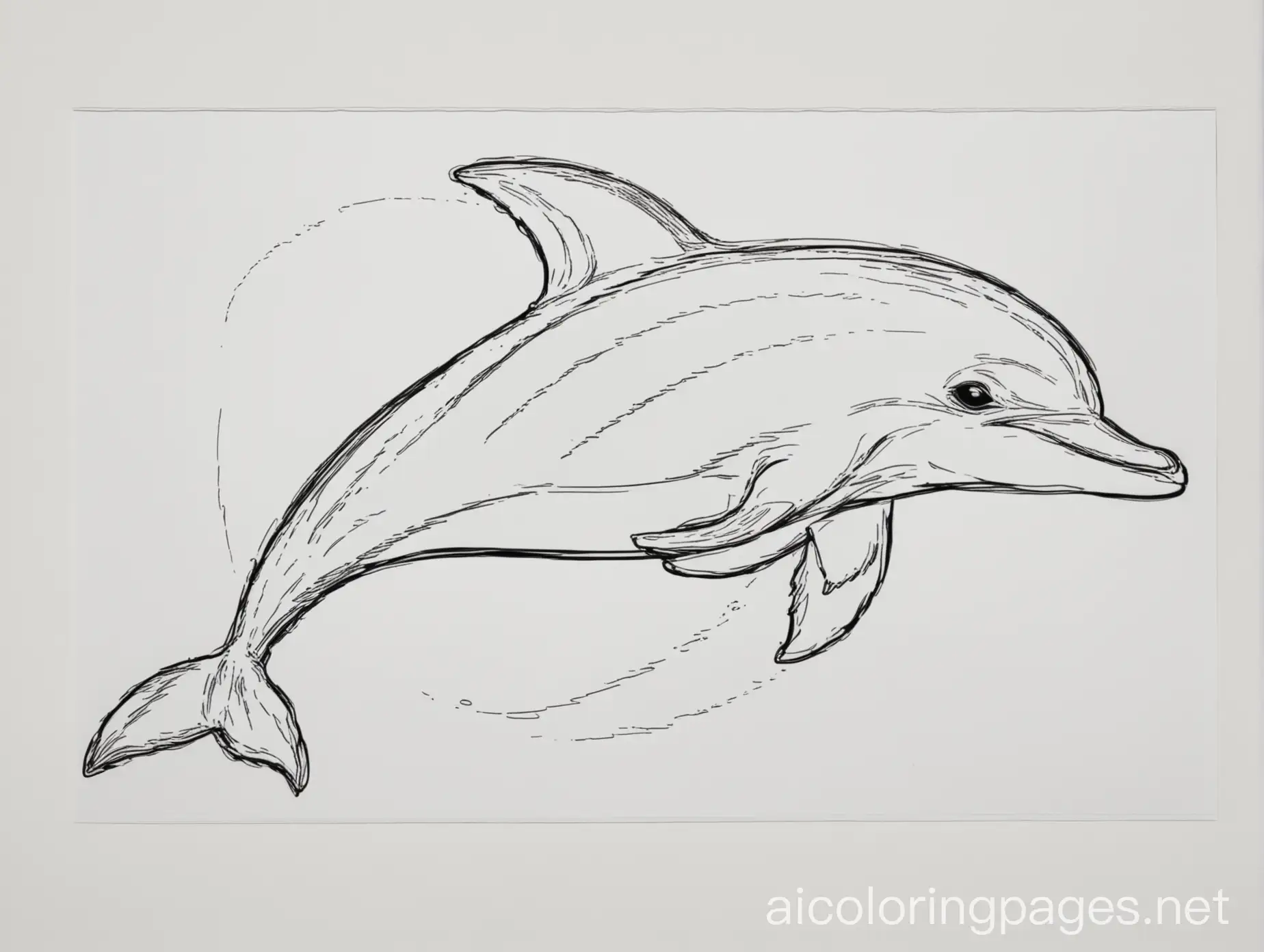 dolphin, Coloring Page, black and white, line art, white background, Simplicity, Ample White Space. The background of the coloring page is plain white to make it easy for young children to color within the lines. The outlines of all the subjects are easy to distinguish, making it simple for kids to color without too much difficulty