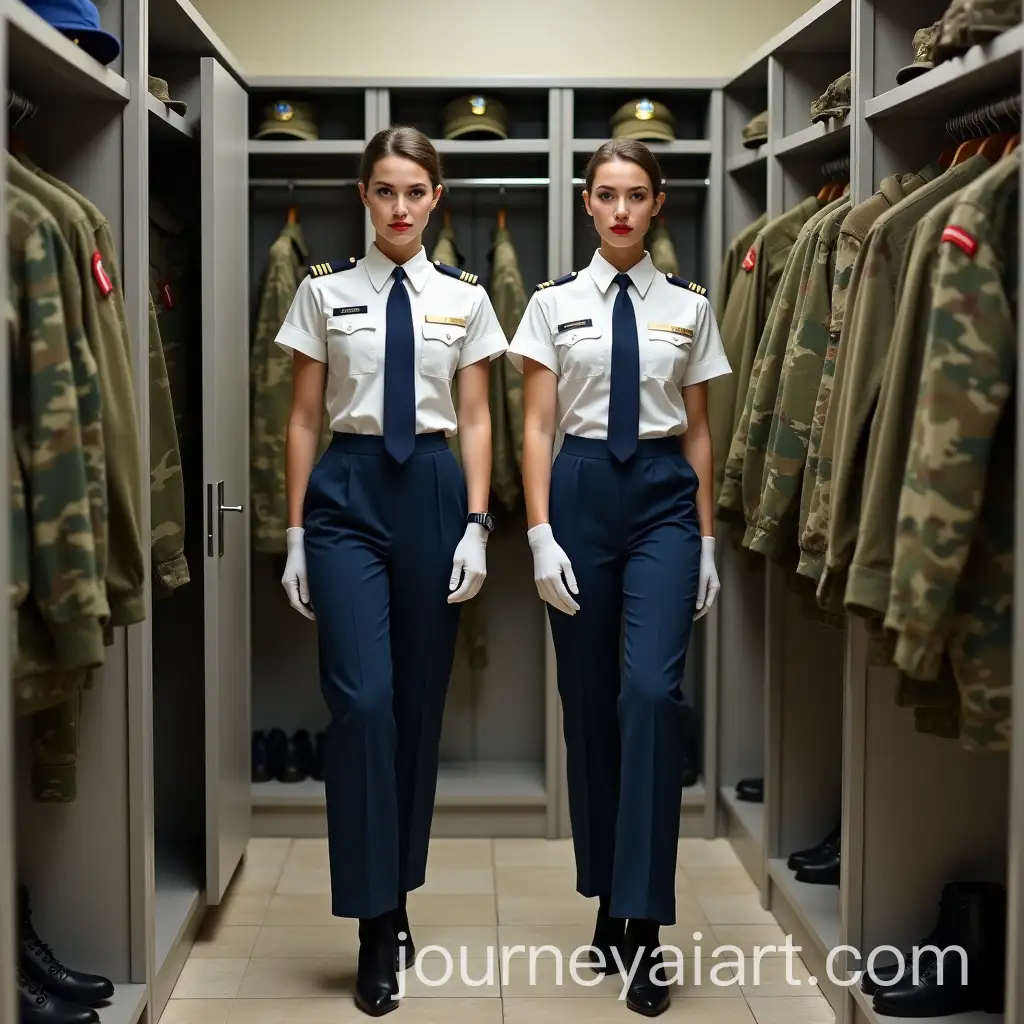 Two-Female-Military-Officers-in-US-Air-Force-Locker-Room-with-Uniforms-and-Equipment