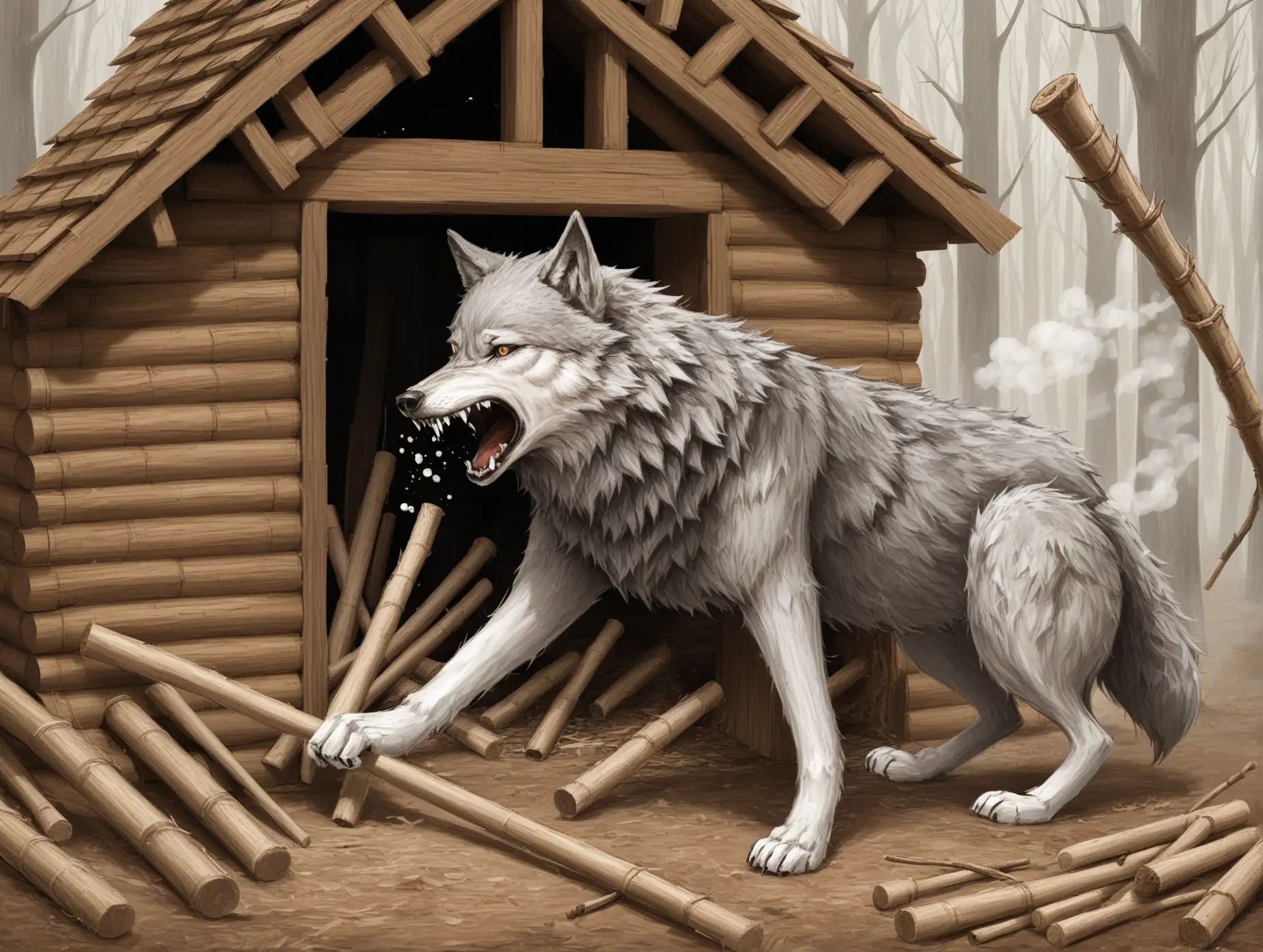 Wolf Blowing Down Stick House in Forest Scene