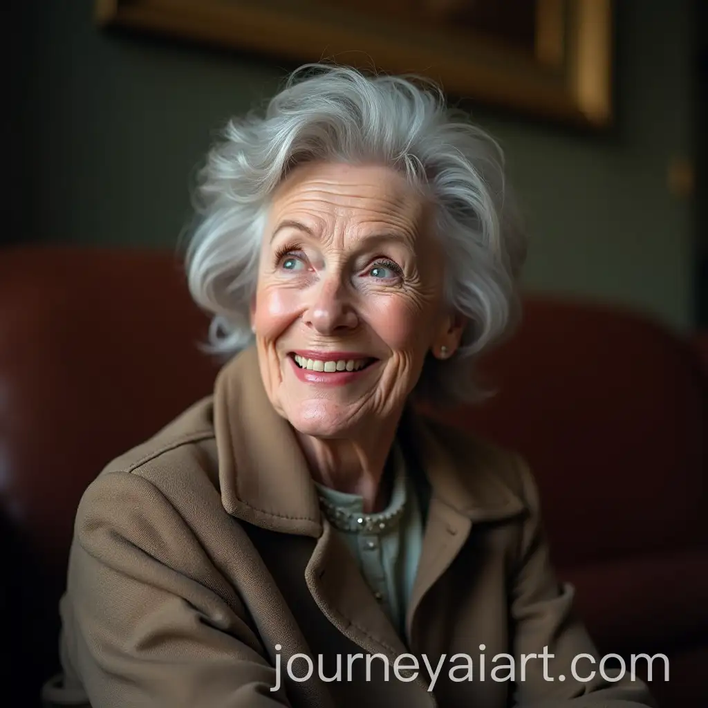 Senior-Woman-Smiling-Playfully-in-OldFashioned-Jacket-on-Sofa