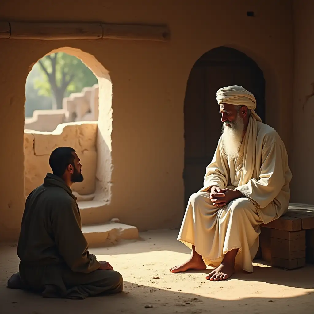 A serene village setting with a wise, elderly dervish sitting on a simple wooden platform inside a rustic clay-walled house, wearing a white robe and turban. In front of him, a curious man in traditional attire sits respectfully on the ground, asking a profound question. The man’s expression shows curiosity, while the dervish listens intently, with a calm and composed demeanor. Soft sunlight filters through a small window, creating a warm, peaceful atmosphere.