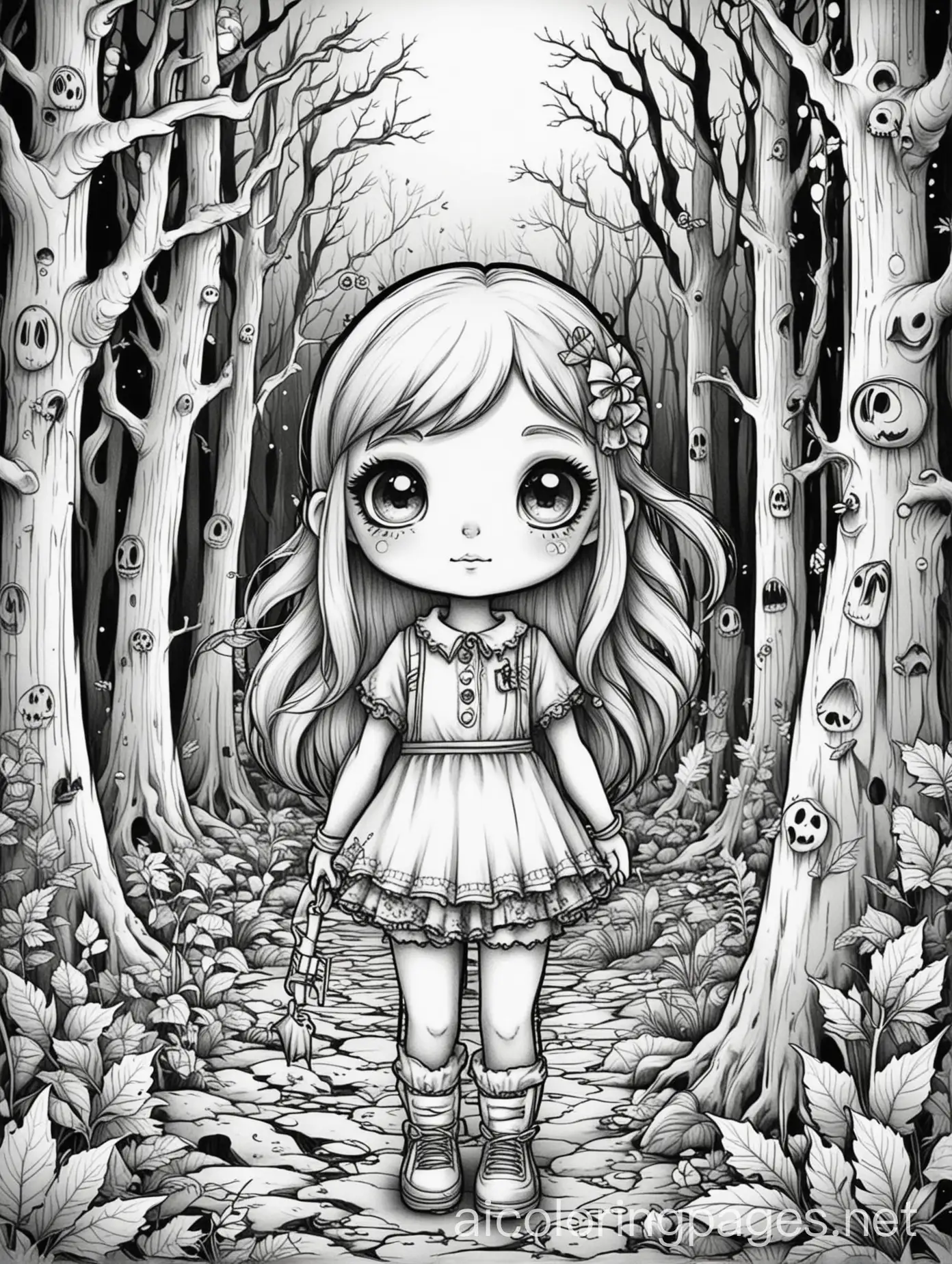 Cute-Kawaii-Style-Girl-in-Spooky-Forest-Coloring-Page