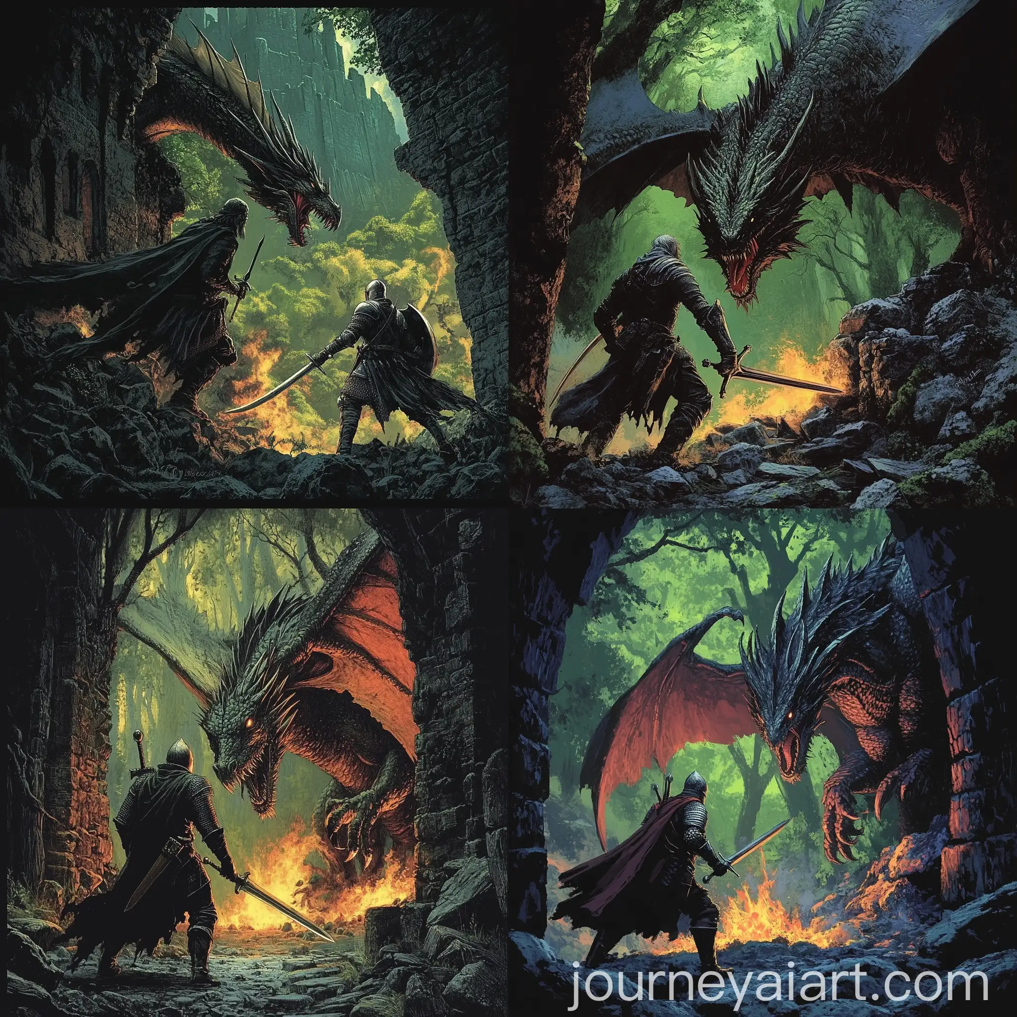 Knight-Battling-Dragon-in-Fantasy-Forest-and-Ruins