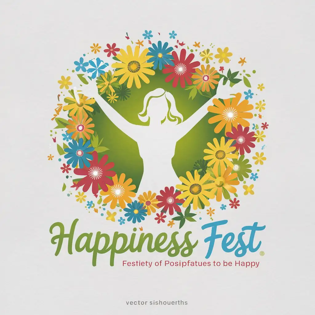 a vector logo design,with the text "Happiness fest", main symbol:The Happiness Fest logo is a harmonious combination of elements that symbolize joy and well-being. In the center of the logo is the silhouette of a happy woman, which represents inner happiness, confidence, and a positive perception of life. 

Bright and colorful flowers are spread around the silhouette, symbolizing flowering, growth and a variety of emotions that can bring happiness. Flowers create an atmosphere of joy and lightness, emphasizing the importance of natural beauty and harmony in life.

At the bottom of the logo there is a caption: "Festival of psychopractices to be happy". The font for the signature is chosen to be light and modern, which adds a friendly and accessible look to the logo.

The overall design of the logo conveys a positive mood, inspiration and desire for happiness, which perfectly fits the concept of the festival.,Moderate,clear background