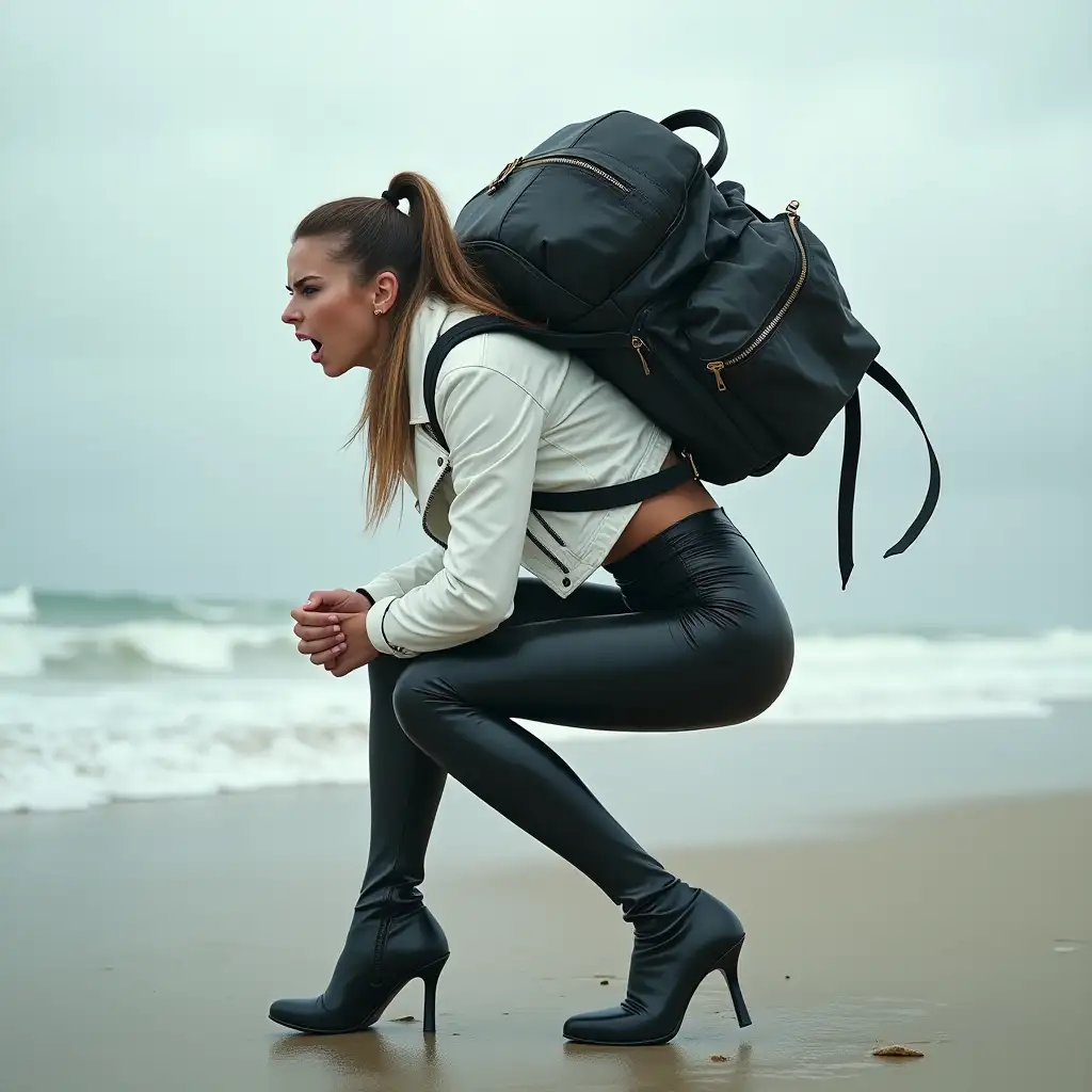 Athletic-Girl-Struggling-Against-Strong-Wind-in-Glossy-Outfit-with-Oversized-Backpack