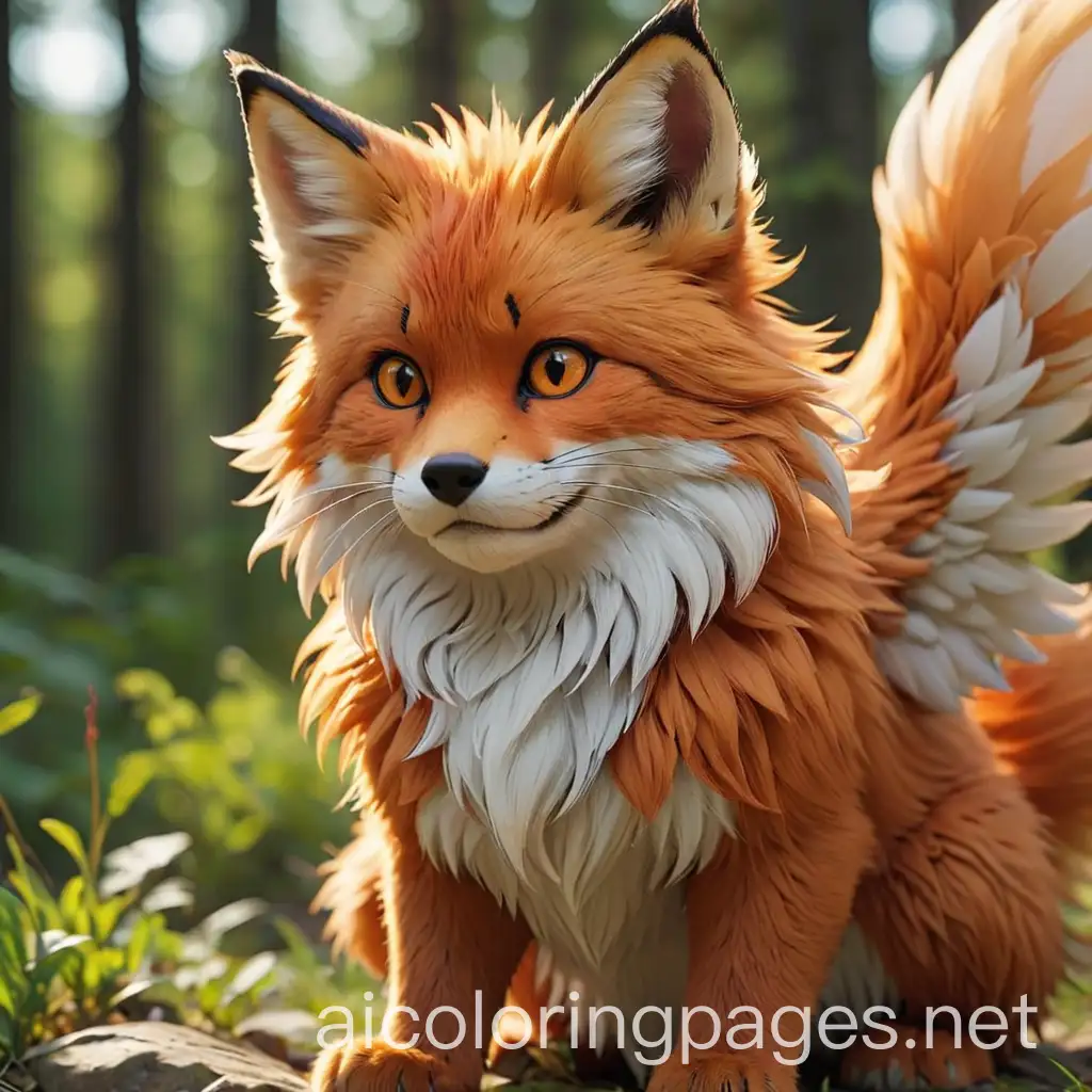 creata animal he has fur, a fox tail, a cat ear, a red dot on his face, he also has two big wings.