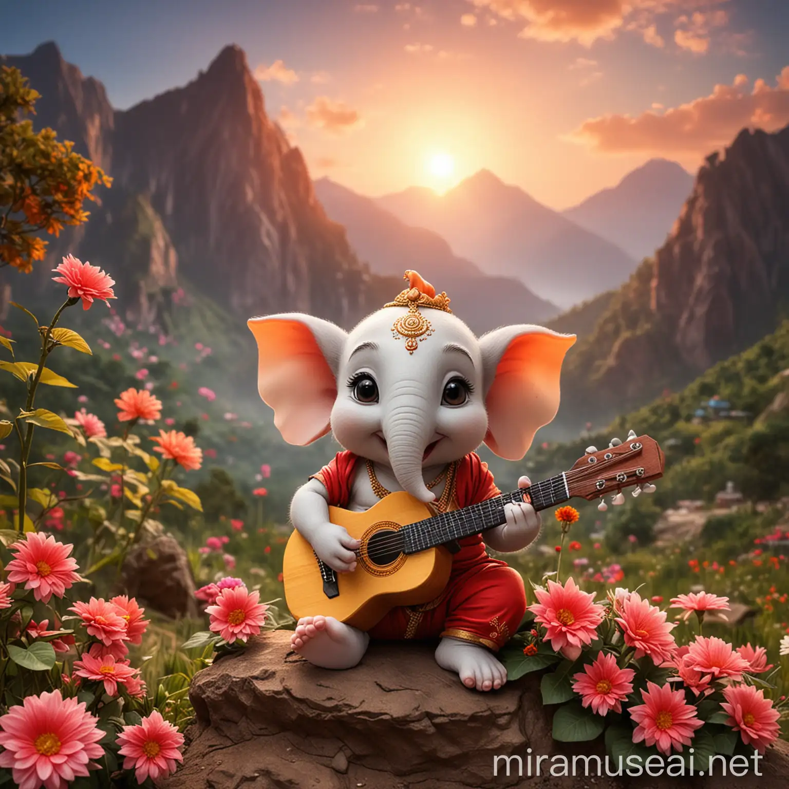 Adorable Baby Ganesh Playing Guitar with Mouse in Scenic Mountain Landscape at Sunset