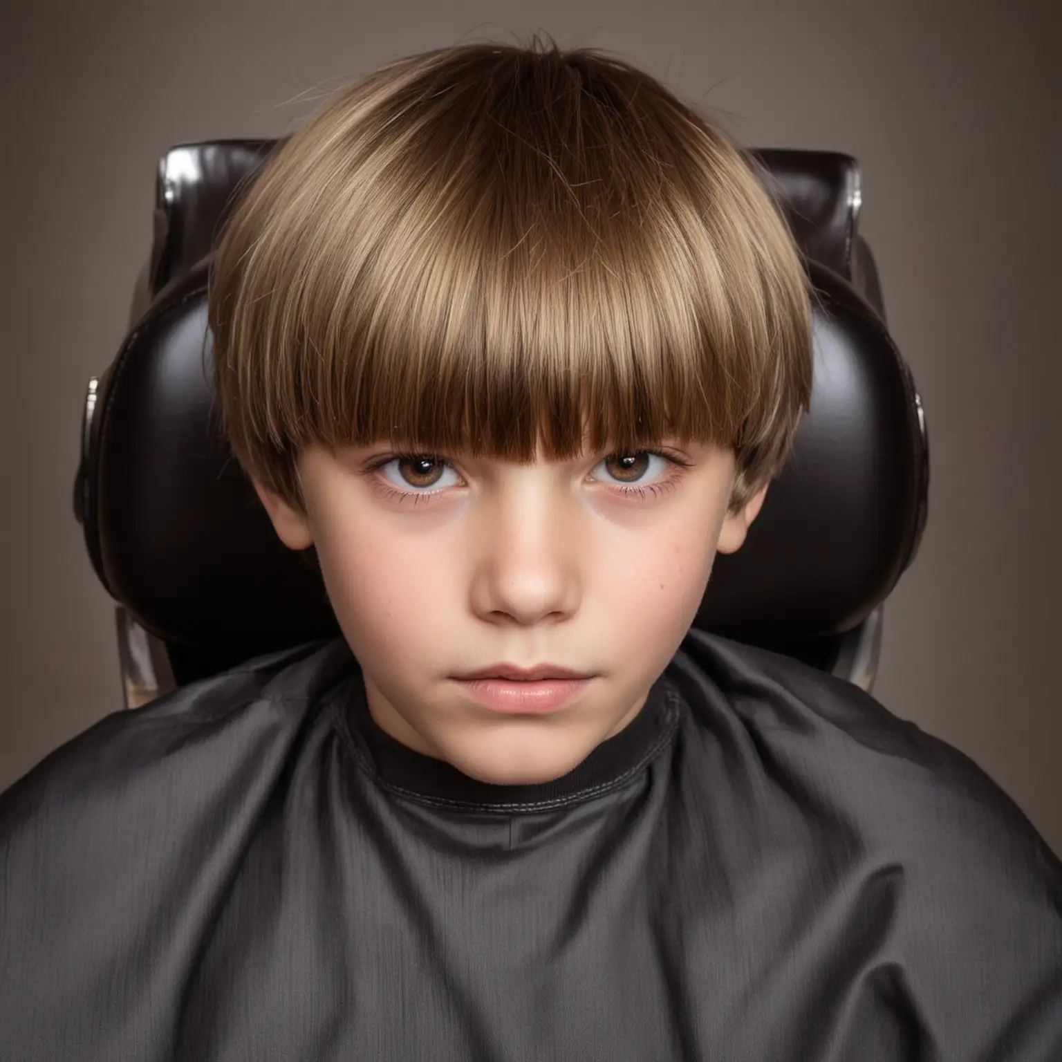 Closeup Studio Photo of TenYearOld Boy with Bowl Cut in Barber Chair