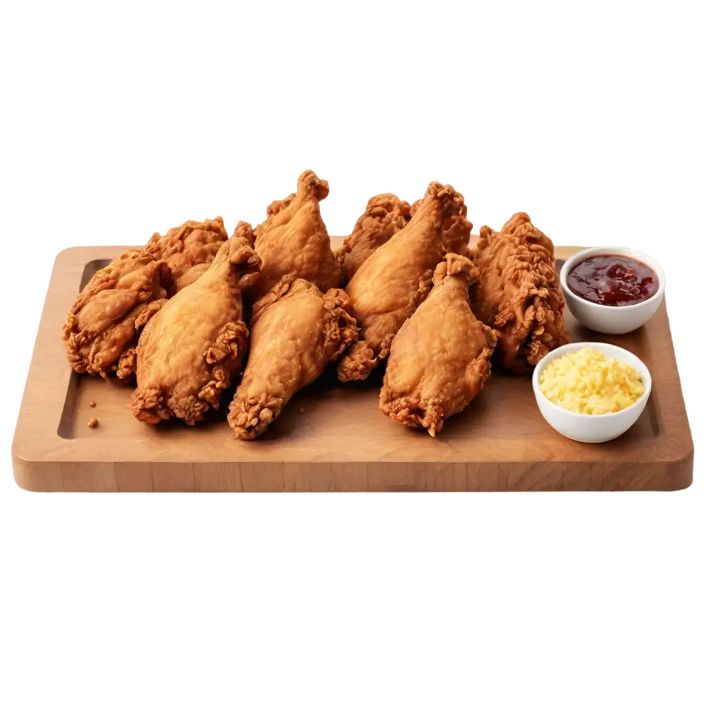 12 broasted chicken pieces on a rectangle wooden plate, fried chicken, strips, golden crispy