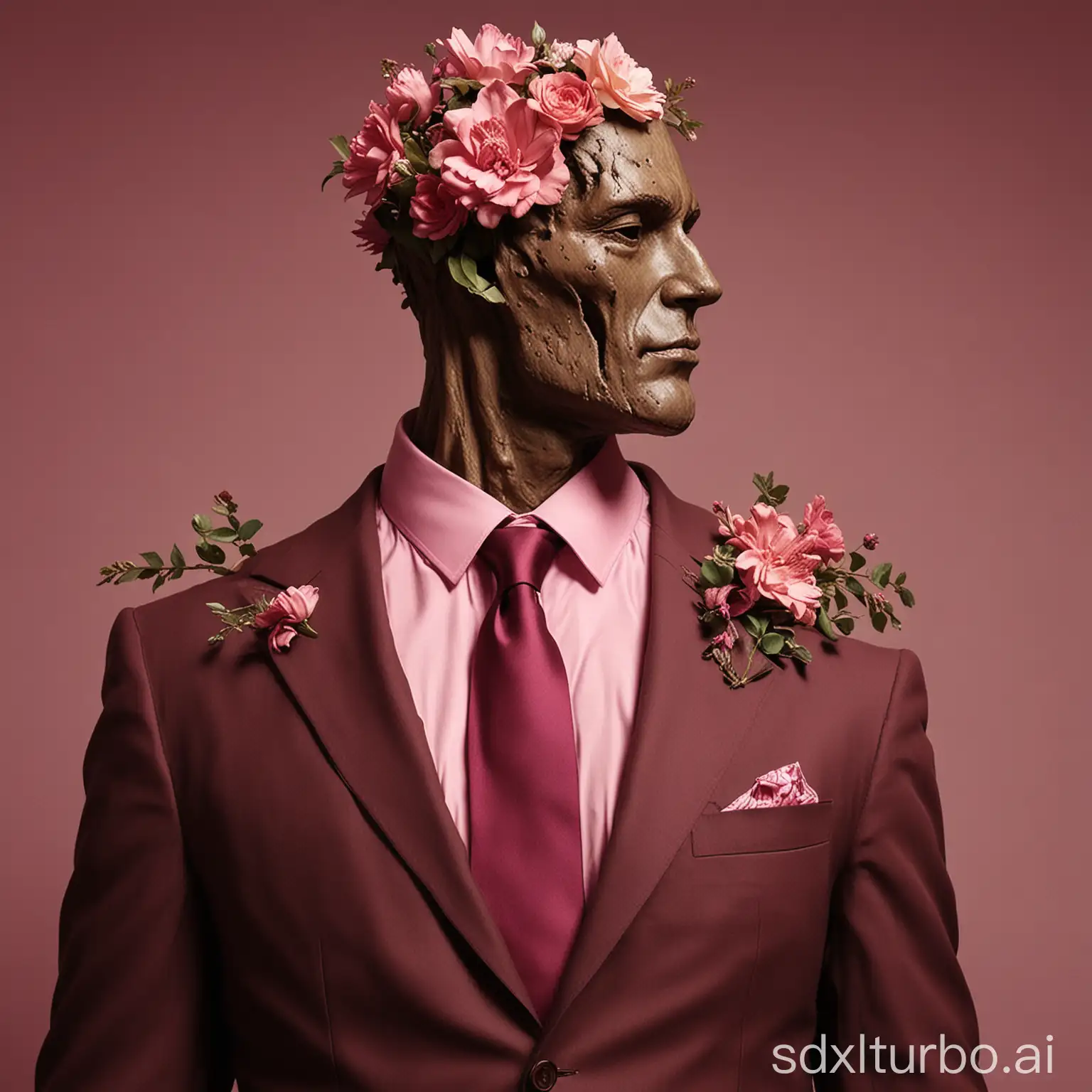 Generate an illustration depicting a headless man wearing a brown suit, with flowers blooming from his neck area upwards to take the place of his head and face. Render the flowers in vibrant pink hues against the dark brown suit. Maintain the vintage, slightly abstracted artistic style seen in the reference image to capture that nostalgic aesthetic. Render details of the man's suit and pink tie clearly while focusing rendering of the unique floral head features. Place the suited figure against a deep maroon backdrop for contrast and to complement the floral elements.