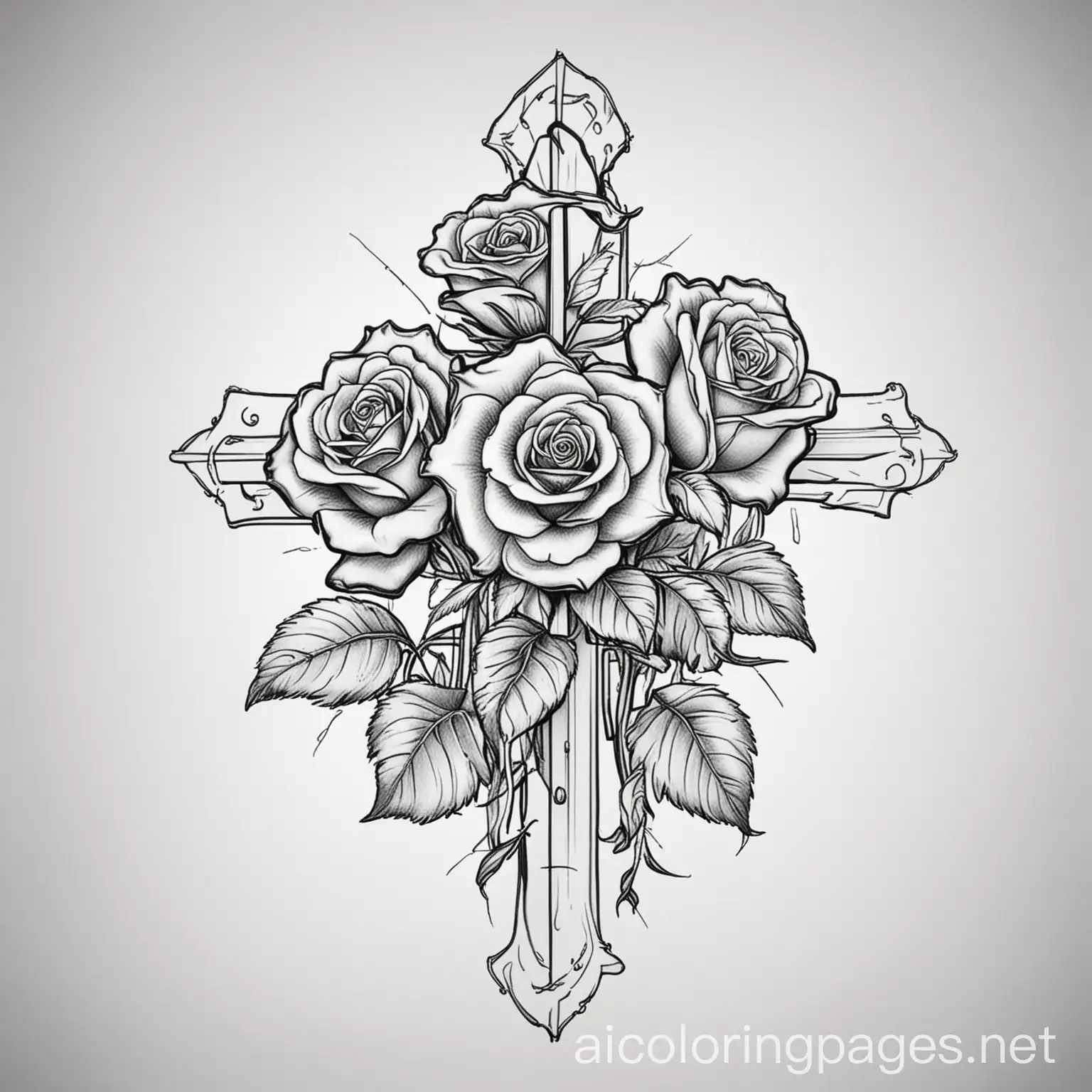 SharpEdged-Cross-with-Three-Roses-Coloring-Page