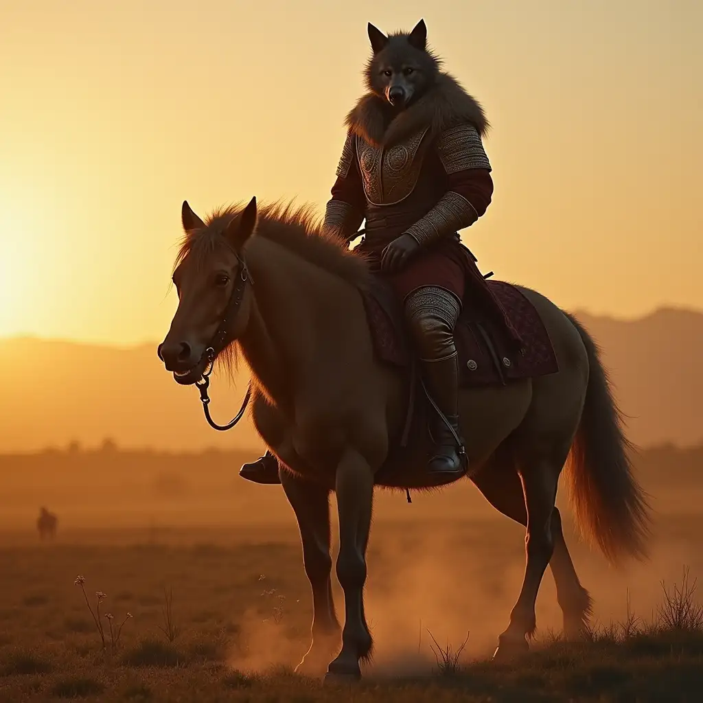 create a highly detailed, photo-realistic image of a werewolf dressed in authentic 13th-century Mongol warrior attire, riding a majestic Mongolian horse across a vast, misty steppe at sunrise. The werewolf should be in mid-transformation, with visible claws, sharp teeth, and fur sprouting from its face and arms. The Mongol armor and clothing should be intricately designed and historically accurate. Incorporate warm, golden lighting and realistic textures throughout the scene.