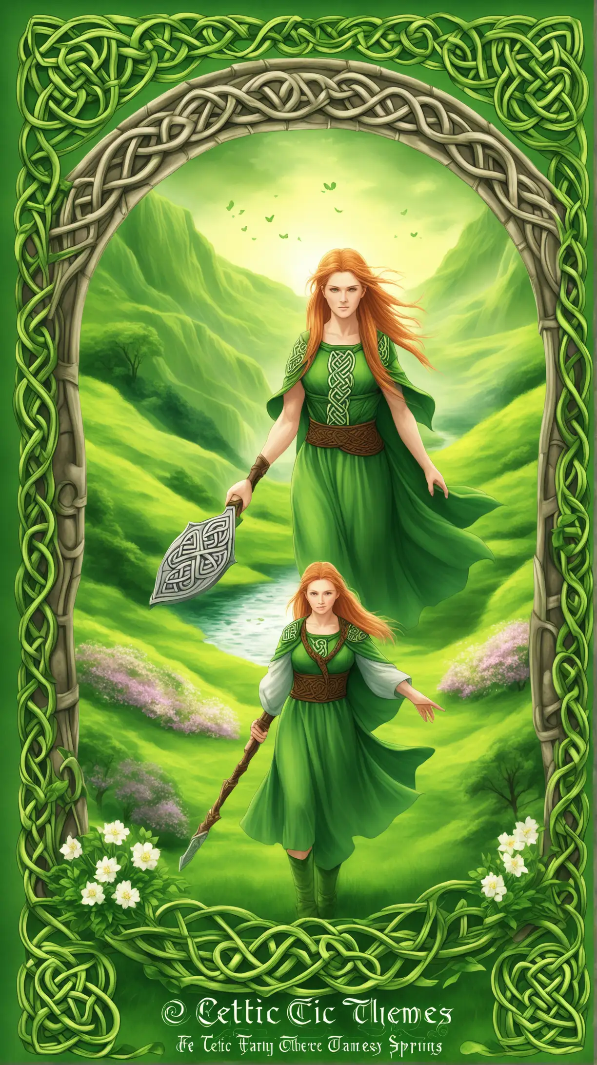 Fantasy novel cover themed around Spring. Celtic themes