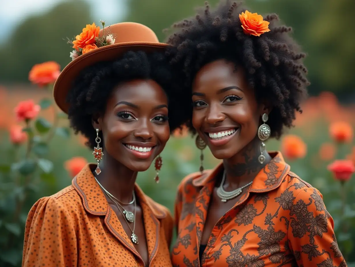 Two different 80 year old black women wear an orange and black patterned blouse, a light smile on their faces, tattoos, with a retro mini hat with flowers, white lipstick emphasizes their smile, modern jewelry, and more, in a park with many roses Steampunk 8k quality