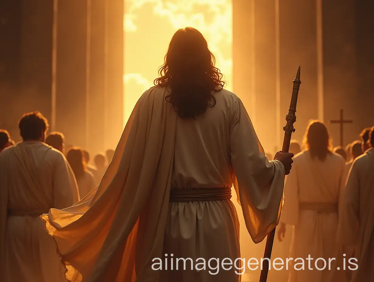 JESUS FROM THE BACK, AND HE SHOULD LOOK VERY POWERFUL AND SHINING