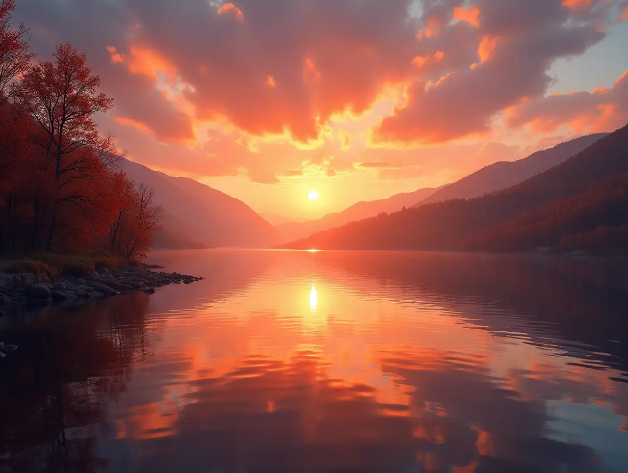 Sunset on the vast autumn lake