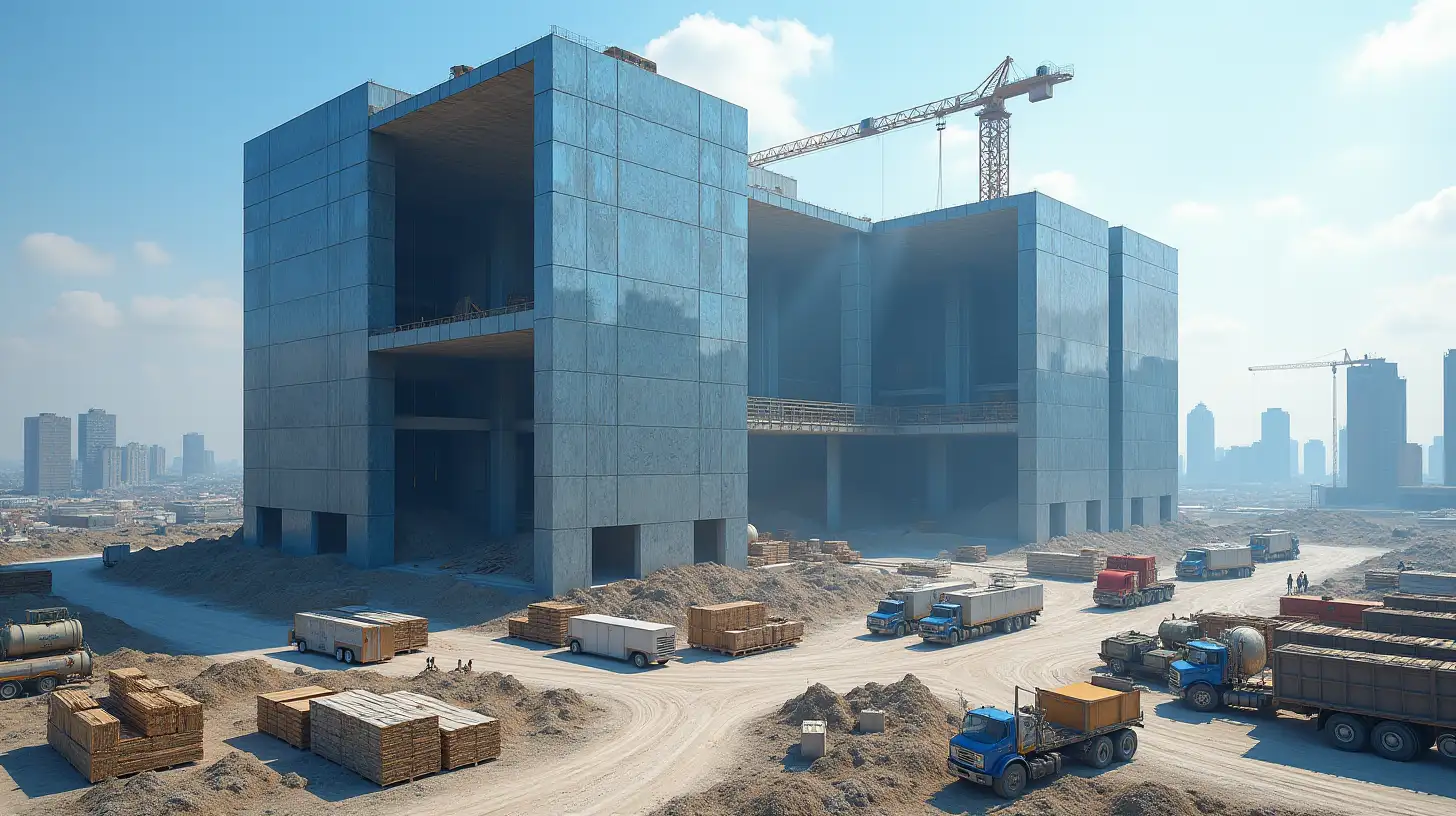 Aerial View of a Unique Construction Site with Blue Stone and Aluminum