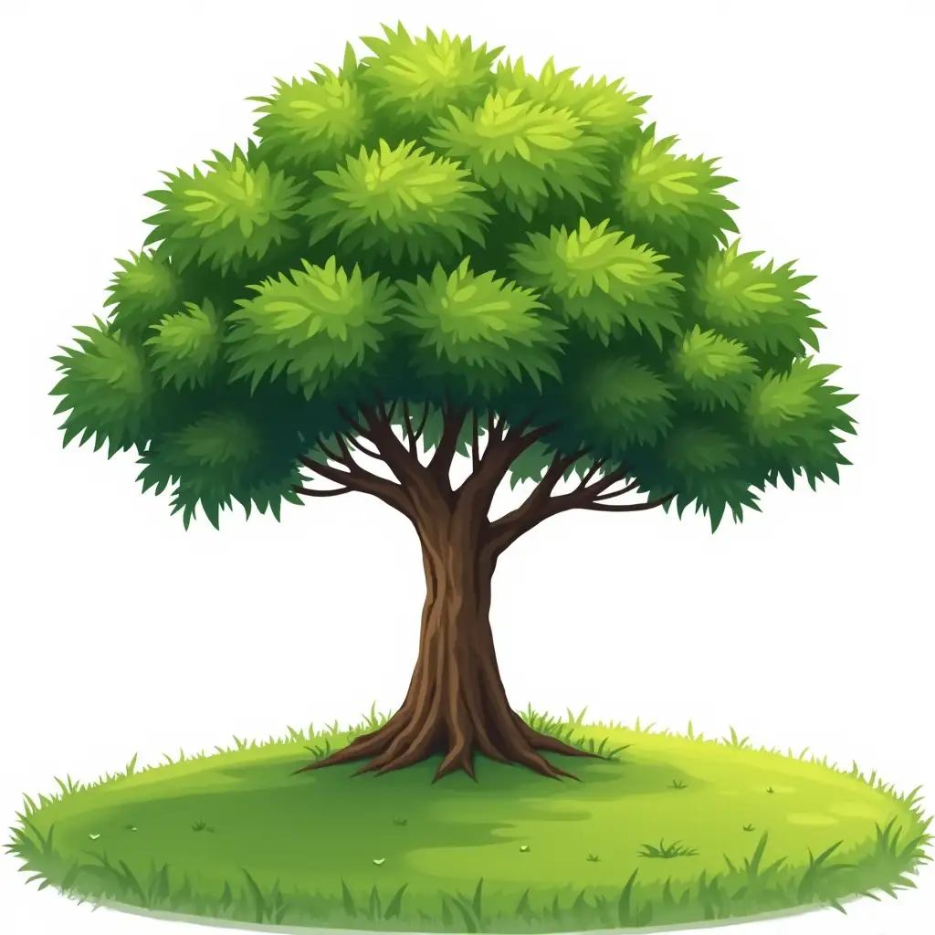 Vector illustration on white background of a single tall green mango tree, large and lush with a full canopy of leaves, isolated in a meadow setting, detailed enough for game assets, rich green foliage and strong, tall roots, representing a large, beautiful tree standing on green rolling hills, simple yet detailed design for an mango tree on white background,