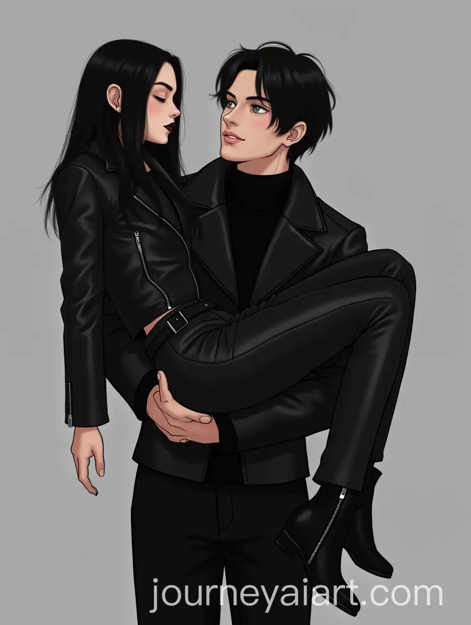 Man-Carrying-Girl-in-Biker-Outfit-with-Closed-Eyes