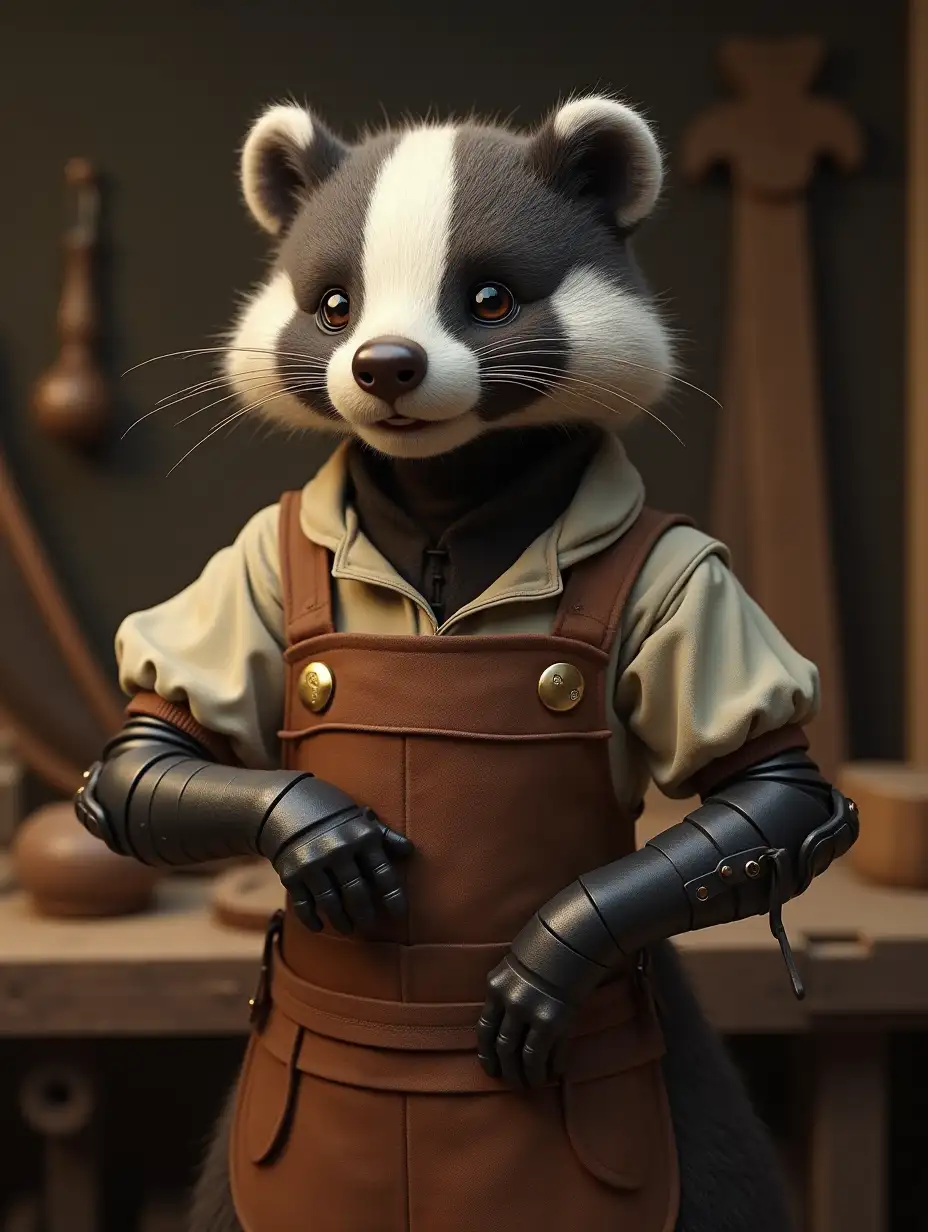 A hyper-realistic but cute anthropomorphic badger with a warm smile and a synthetic arm works as a wainwright in a medieval wagon shop, wearing 1920s women's attire combined with a woodworking apron.