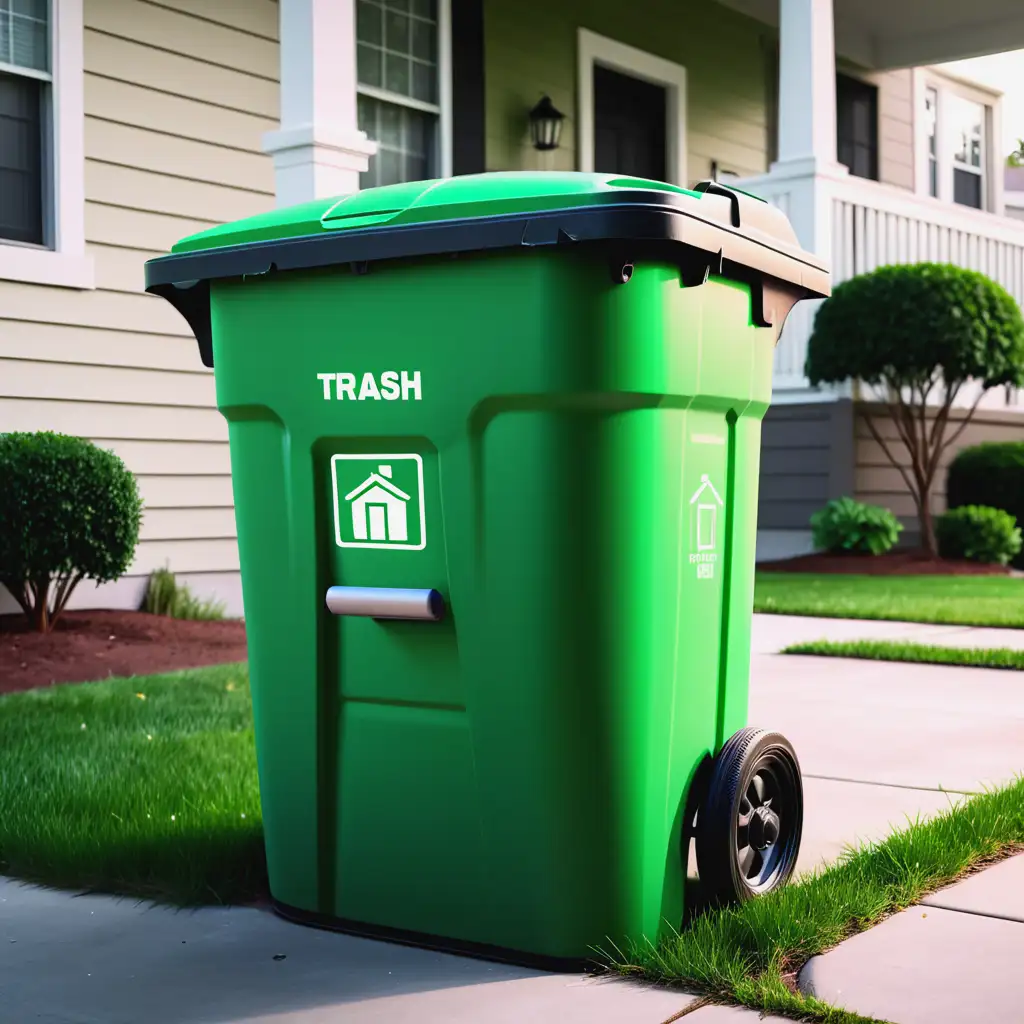 Ultra Realistic Green Trash Can Outside a Modern House