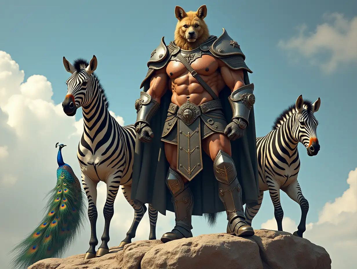 A very detailed photo. A full body representation of an Animal-Hybrid bodybuilder with knight's armor and Zebra and Peacock on a rock