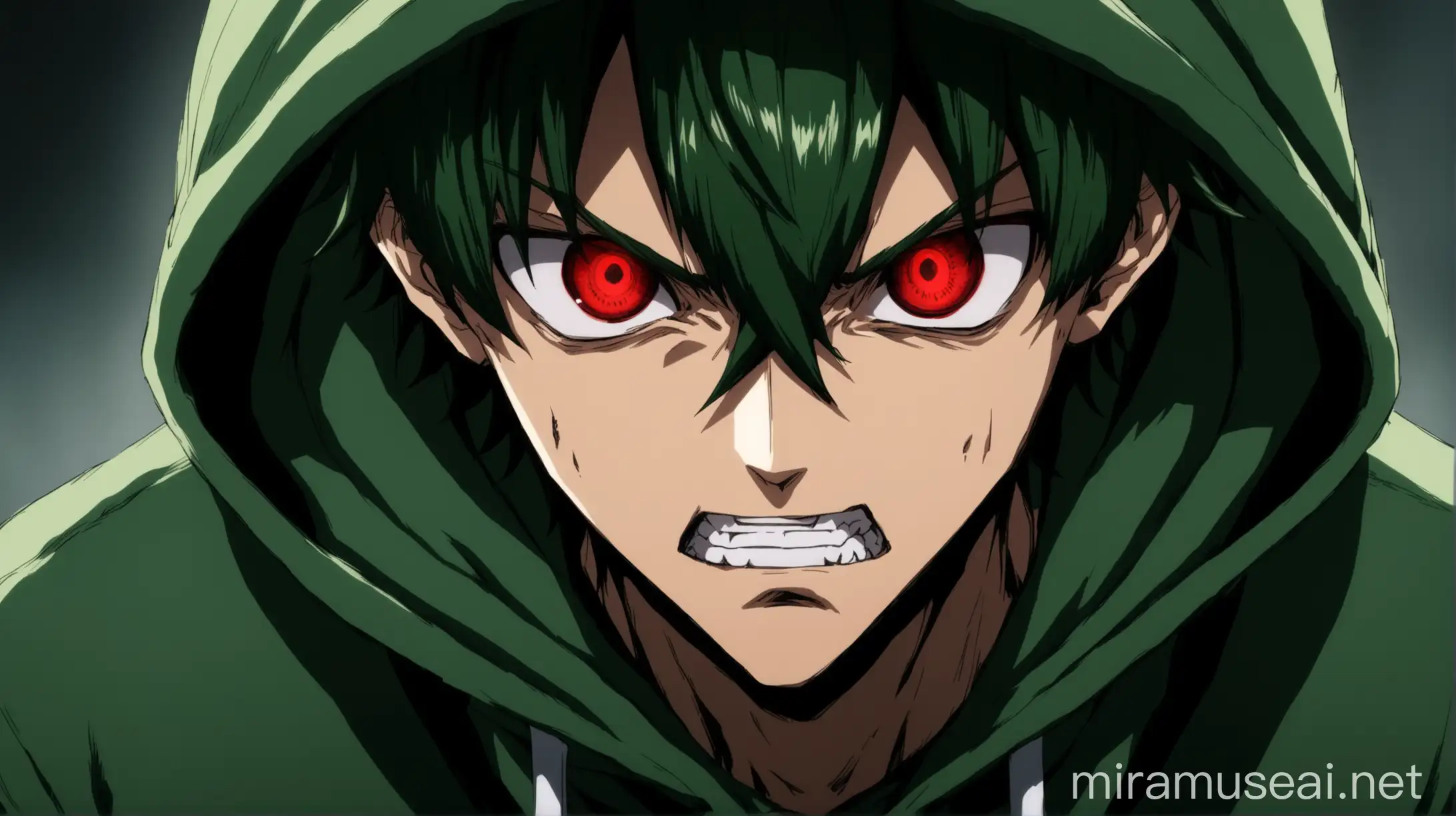 Evil Anime Male Character Talking Loudly in Dark Green Hoodie