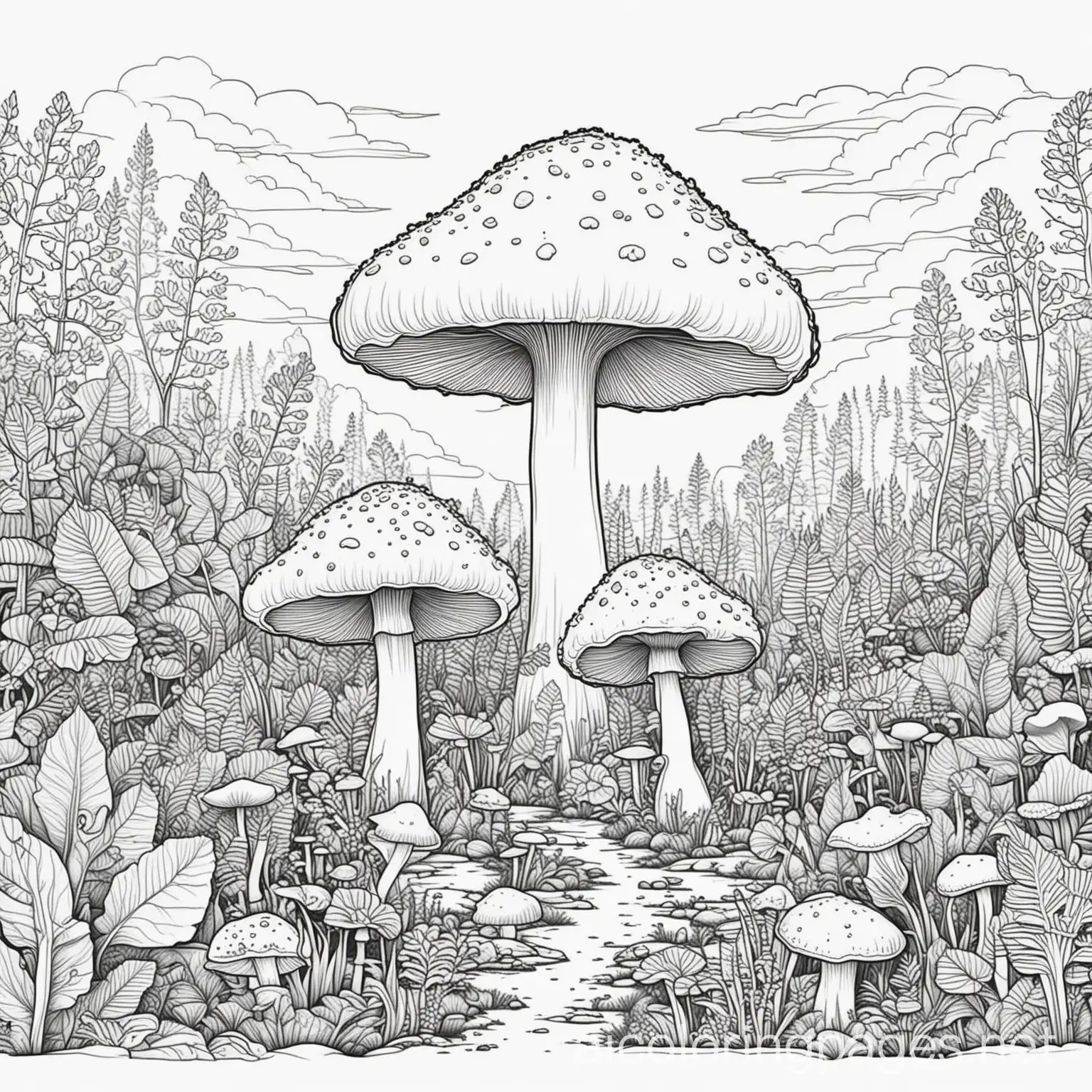 mushroom landscape, Coloring Page, black and white, line art, white background, Simplicity, Ample White Space. The background of the coloring page is plain white to make it easy for young children to color within the lines. The outlines of all the subjects are easy to distinguish, making it simple for kids to color without too much difficulty