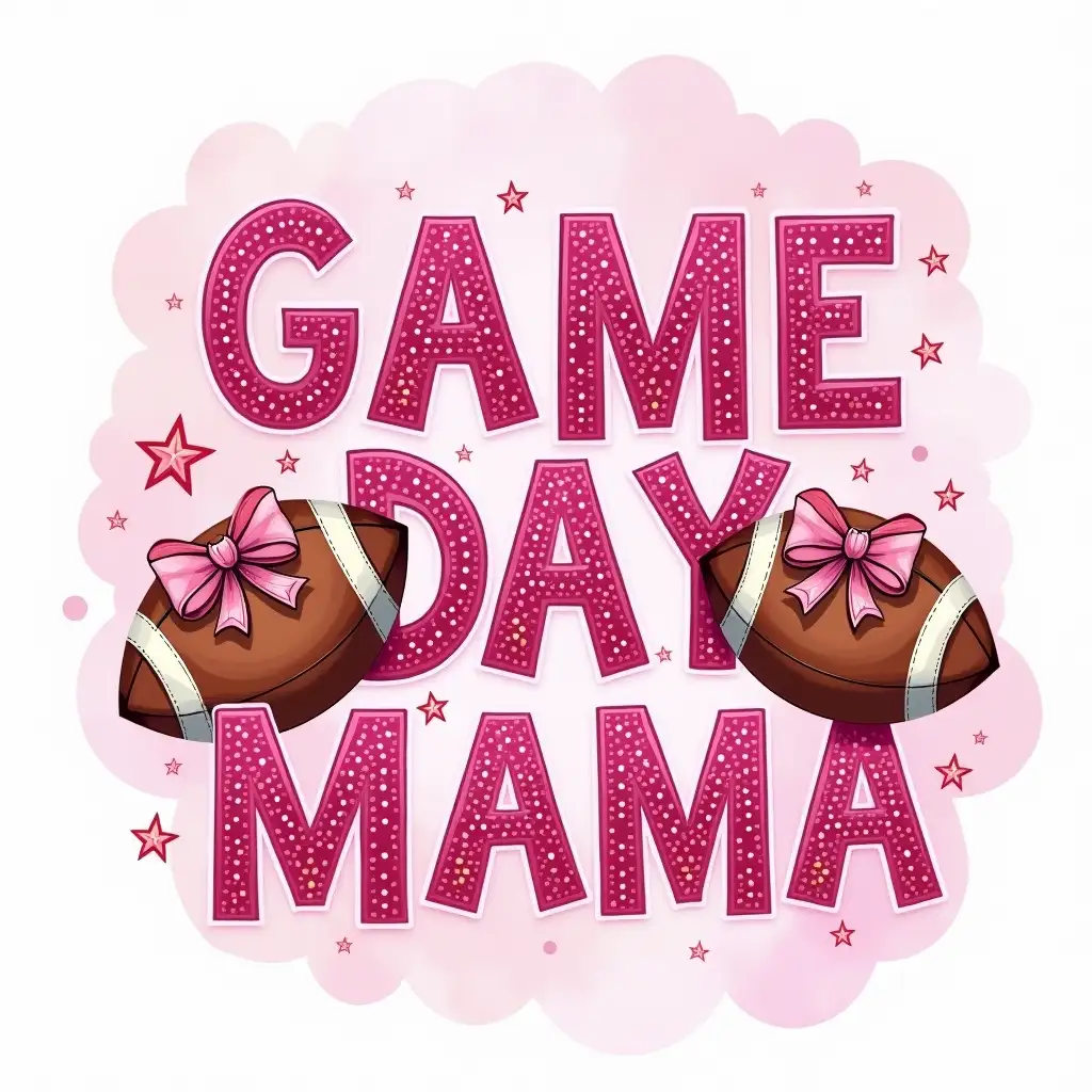 Vector, Alcohol Ink. A vibrant, glittery design featuring the phrase 'GAME DAY MAMA' in bold, pink lettering. Footballs adorned with pink bows are positioned on either side of the text. Stars and sparkles add to the festive atmosphere. The background is a watercolor wash in a pastel pink shade. The image should have a playful, feminine aesthetic with detailed textures and vibrant colors. Elements such as the stitches on the footballs, the sparkles on the lettering, and the brushstrokes in the watercolor background should be clearly visible.