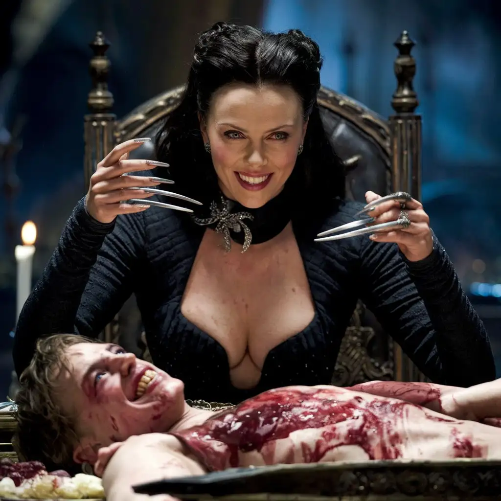  Evil Angry Very beautiful  smiling  witch Charlize Theron with deep neckline sit at a high table, sharp  claws on the hands,  indulging in a grisly feast of a young man. cinematic, photo , 4k