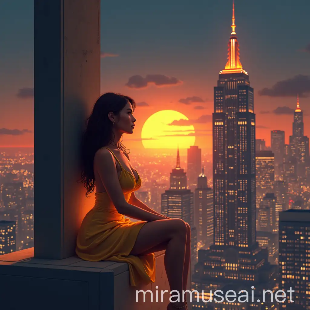 Elegant Woman in Digital Light Dress at California Skyscraper Sunset