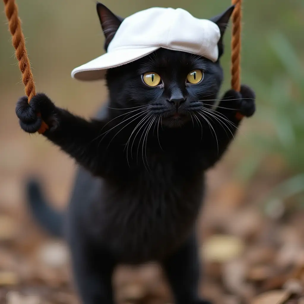 Black cat wearing a white cap swinging funny