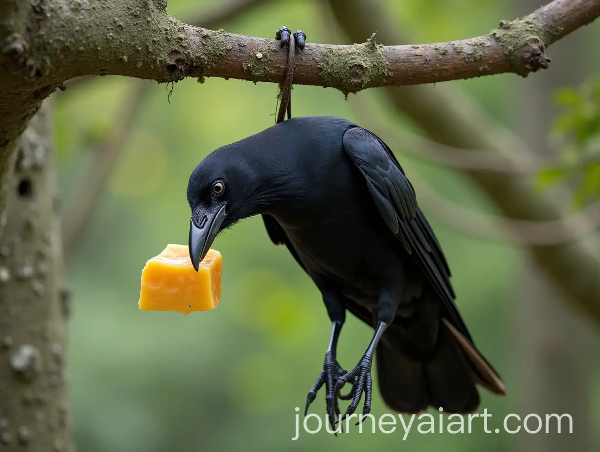 Drunk-Crow-Hanging-Upside-Down-on-a-Tree-Branch-with-Cheese