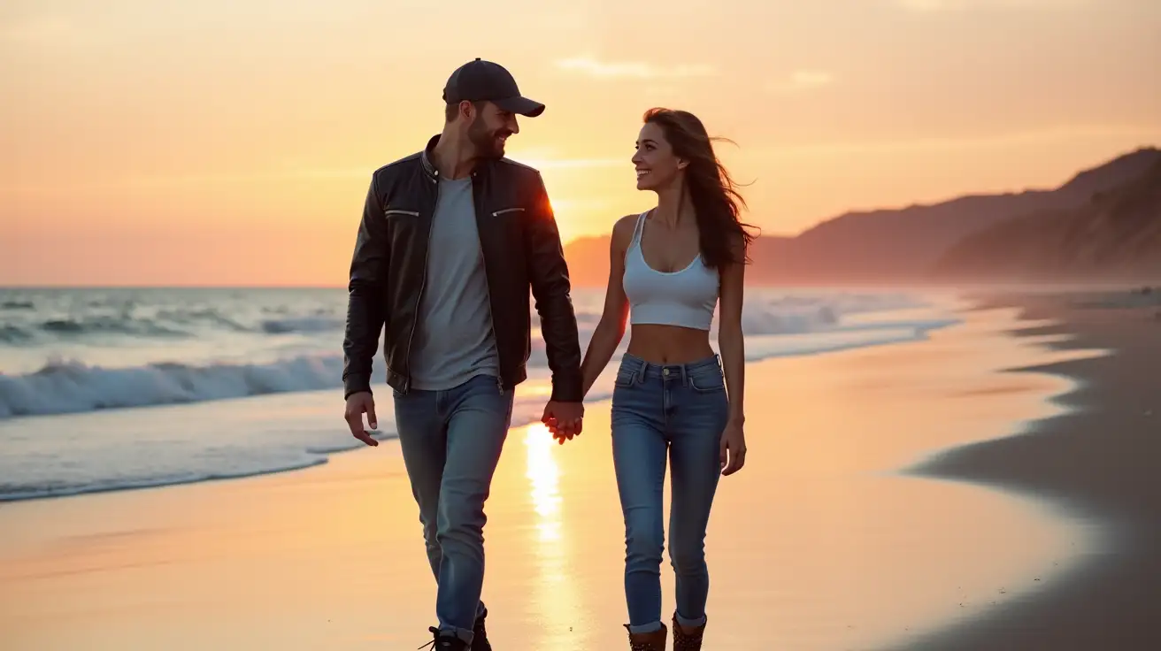 Couple-Strolling-HandinHand-on-a-Romantic-Beach-at-Sunset