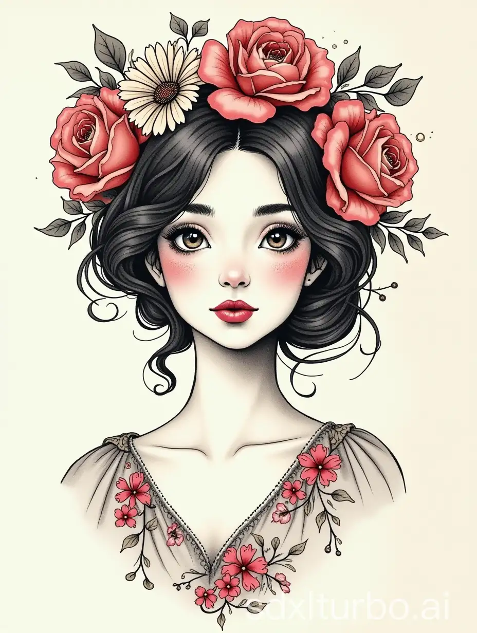 Elegant-Woman-Ink-Portrait-with-Floral-Accents-in-Vintage-Style