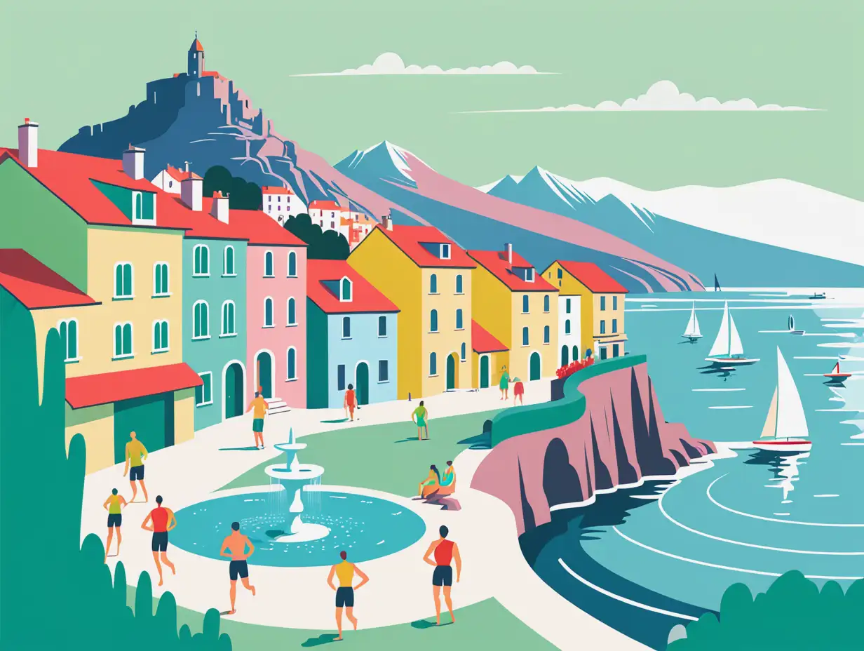 European-City-with-Fountain-Swimmers-Sailors-and-Mountain-Hikers-in-Pastel-Colors